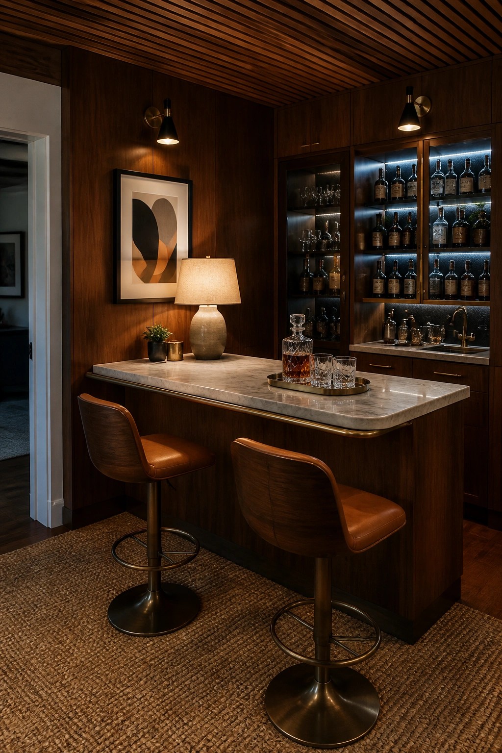 A home bar with dark wood walls and ceiling, marble countertop, two brown leather bar stools, backlit glass liquor cabinets, wall sconces, and a table lamp on the counter.