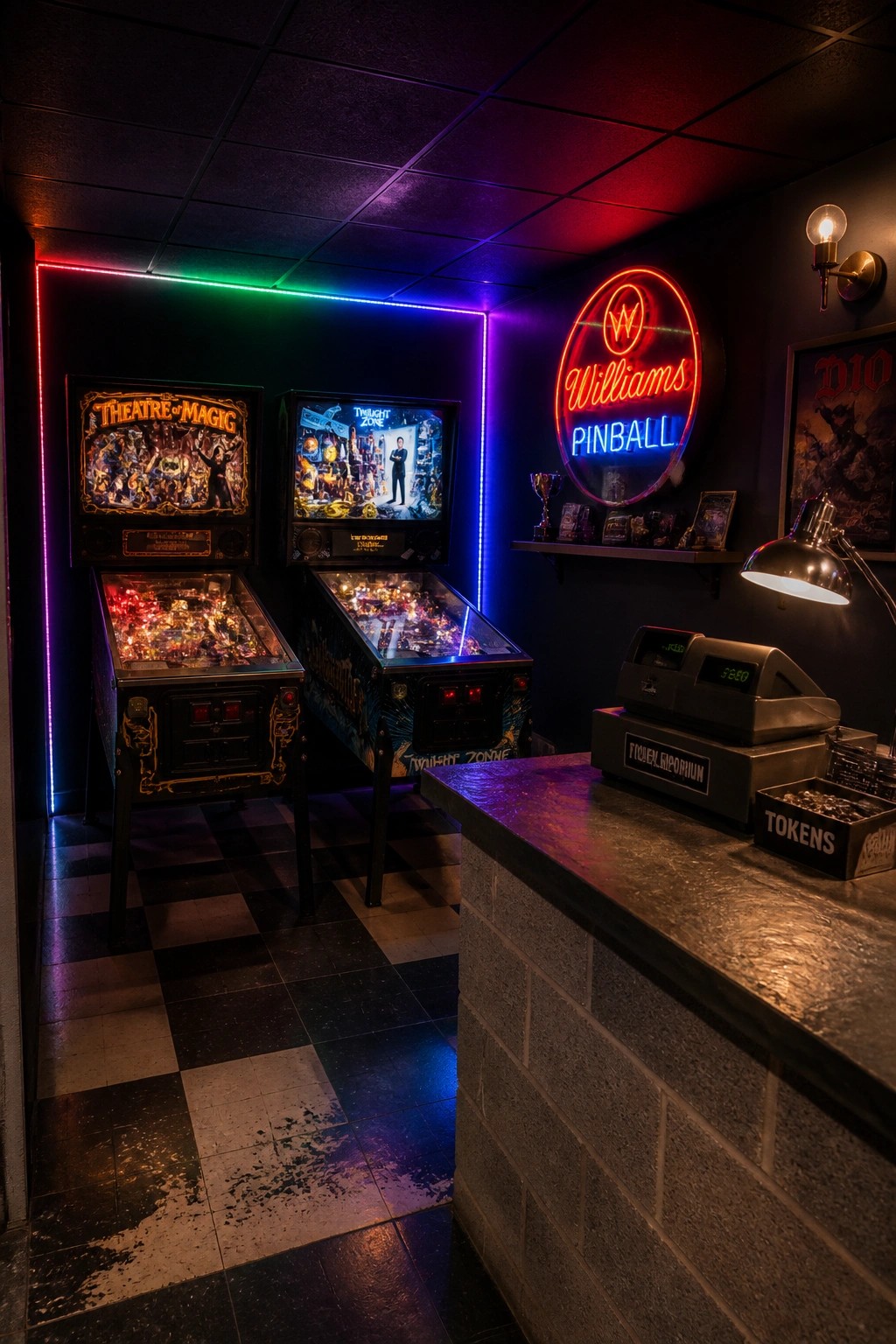 Two pinball machines stand in a dark room framed by multicolored LED strips, with a neon Williams sign on the wall and a brick counter holding tokens and a lamp.
