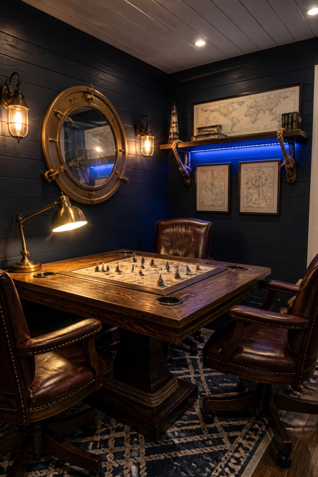 A moody man cave featuring a wooden game table set for chess, three brown leather chairs, brass wall sconces, a task lamp, and blue LED strip lighting under a wall shelf.