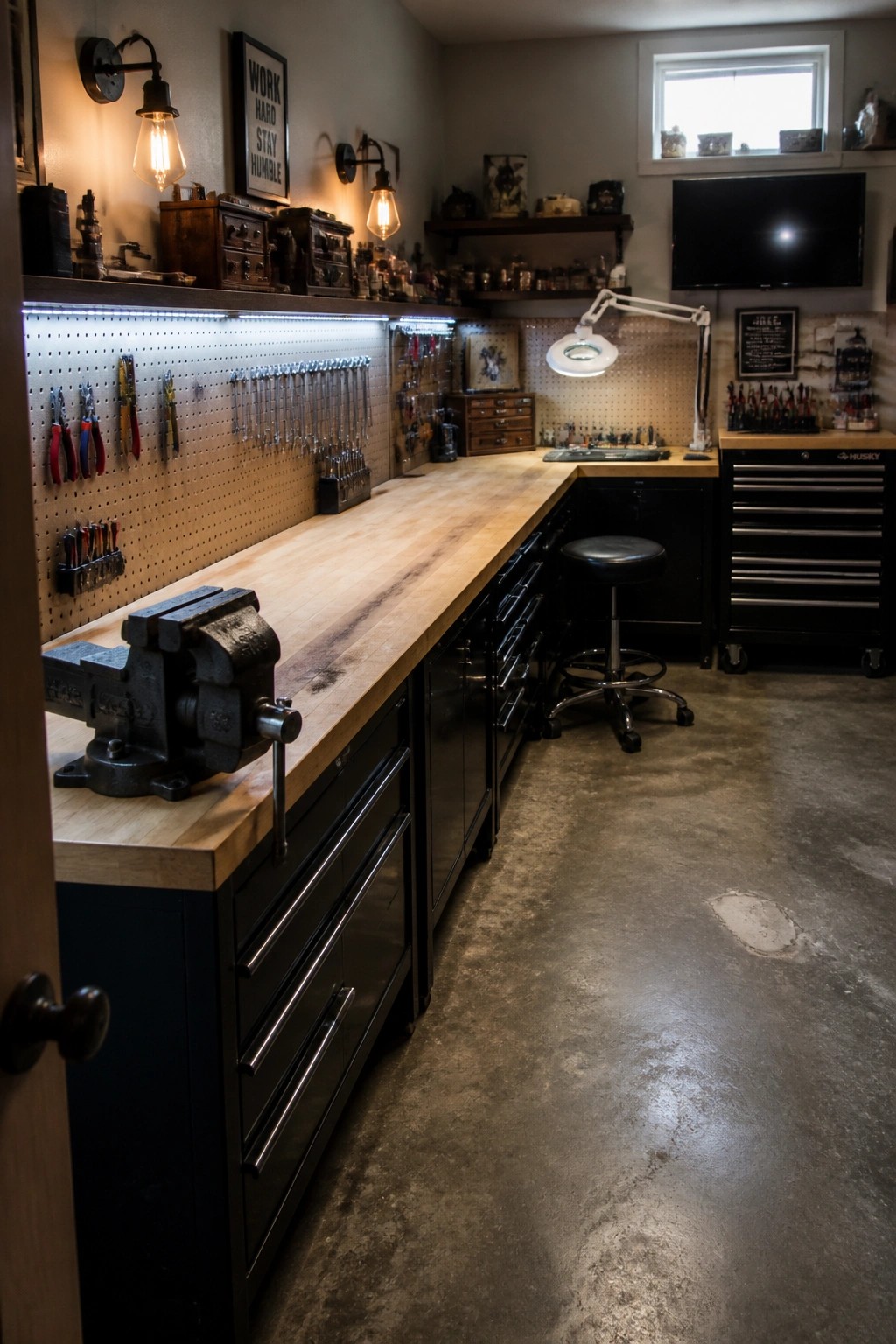 A long wooden workbench with black base cabinets, a mounted vise, pegboards holding tools, and multiple light sources including wall sconces and an LED strip.