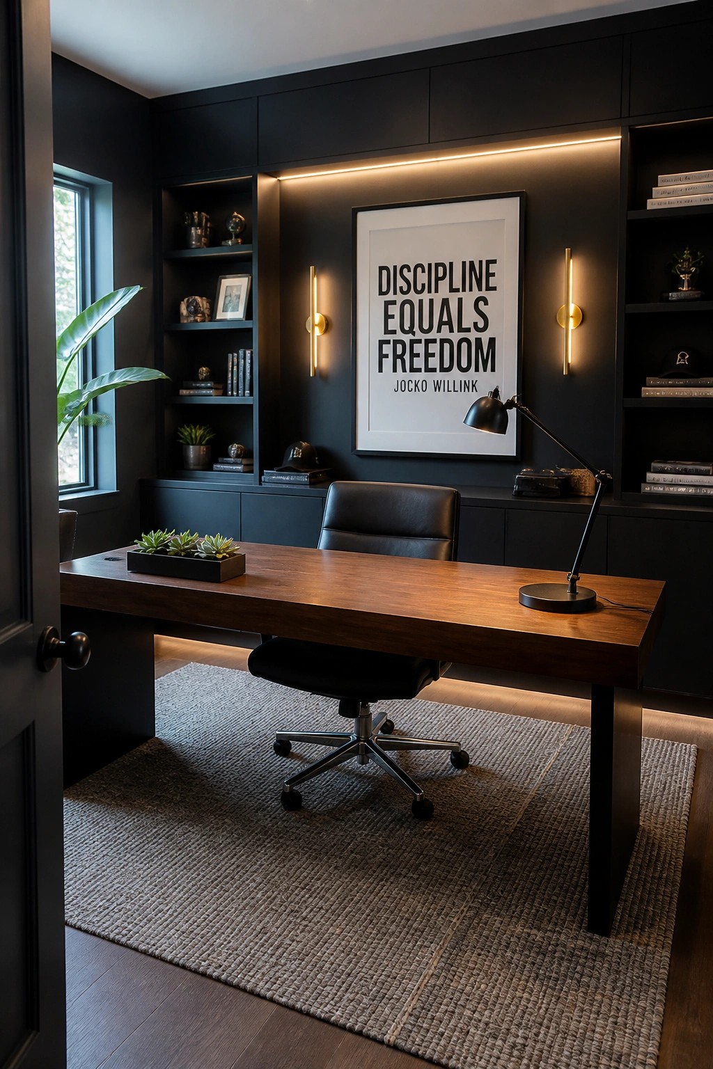 Modern dark office with wooden desk, black leather chair, and motivational poster
