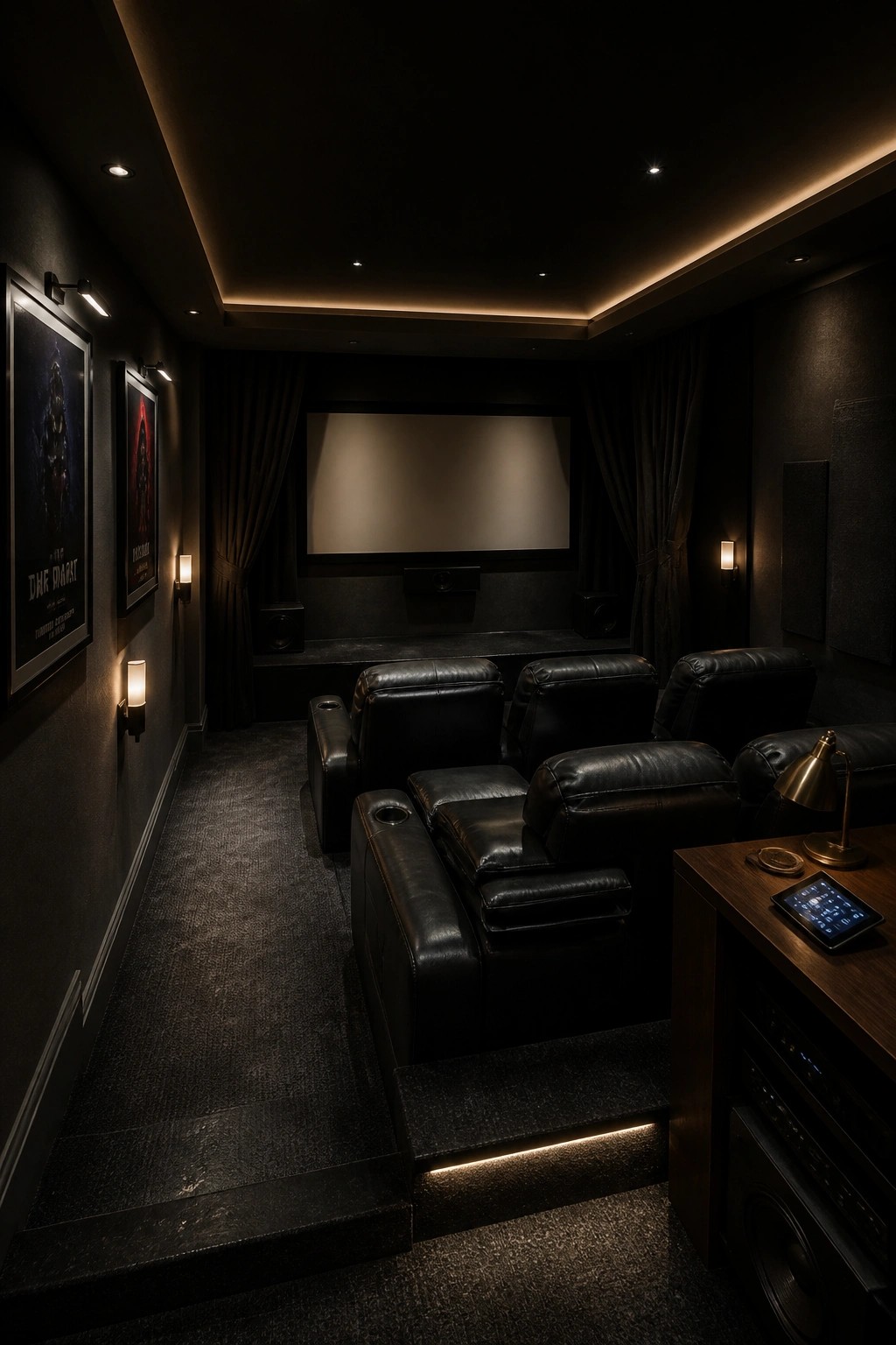 A dark home theater with black leather recliners arranged in tiers, a large projection screen at the front, wall sconces, and LED strips along the carpeted steps.