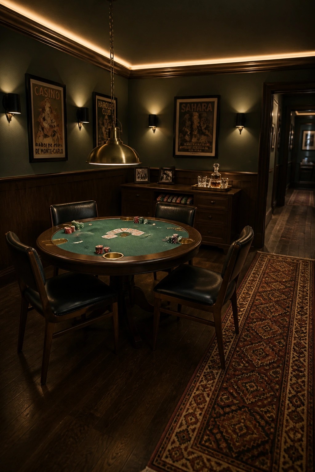 A round green felt poker table with four black leather chairs sits in a dark wood-paneled room lit by wall sconces and a brass pendant light, with vintage casino posters on the walls.
