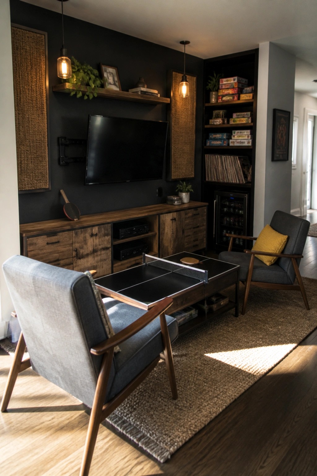 A living room with a black ping pong table used as a coffee table, two blue armchairs, a wall-mounted TV on a dark accent wall, and built-in shelves holding books and games.
