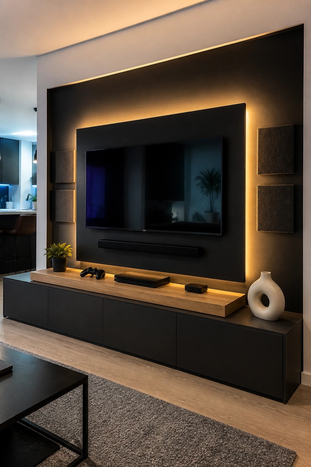 A large flat-screen TV mounted on a dark accent wall with warm LED backlighting, positioned above a long black media console with a wood top in a modern living room.