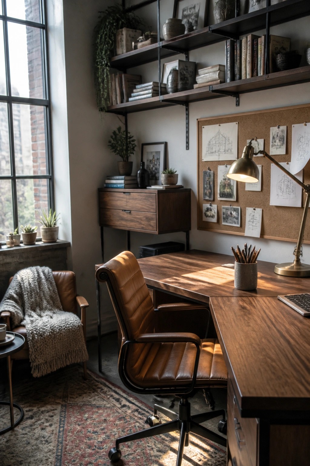 Leather office chair at wooden desk with corkboard, bookshelves, and sunlit window