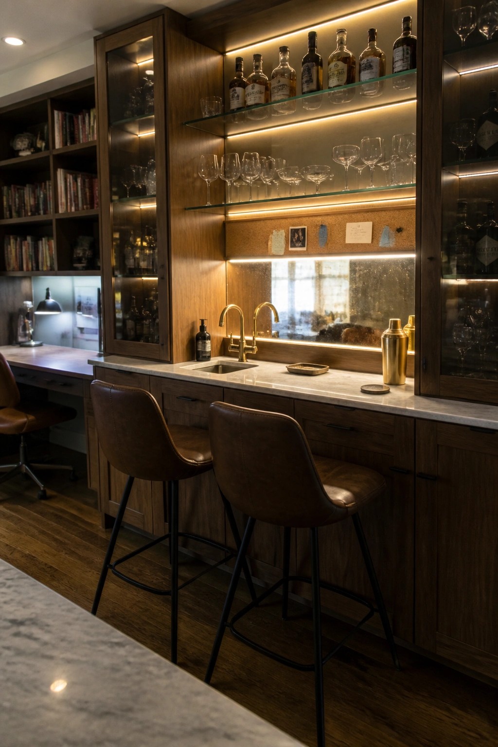 A home bar area featuring dark wood cabinetry, illuminated glass shelves with liquor bottles and glassware, a marble countertop with two brown leather bar stools, and a sink with brass faucets.