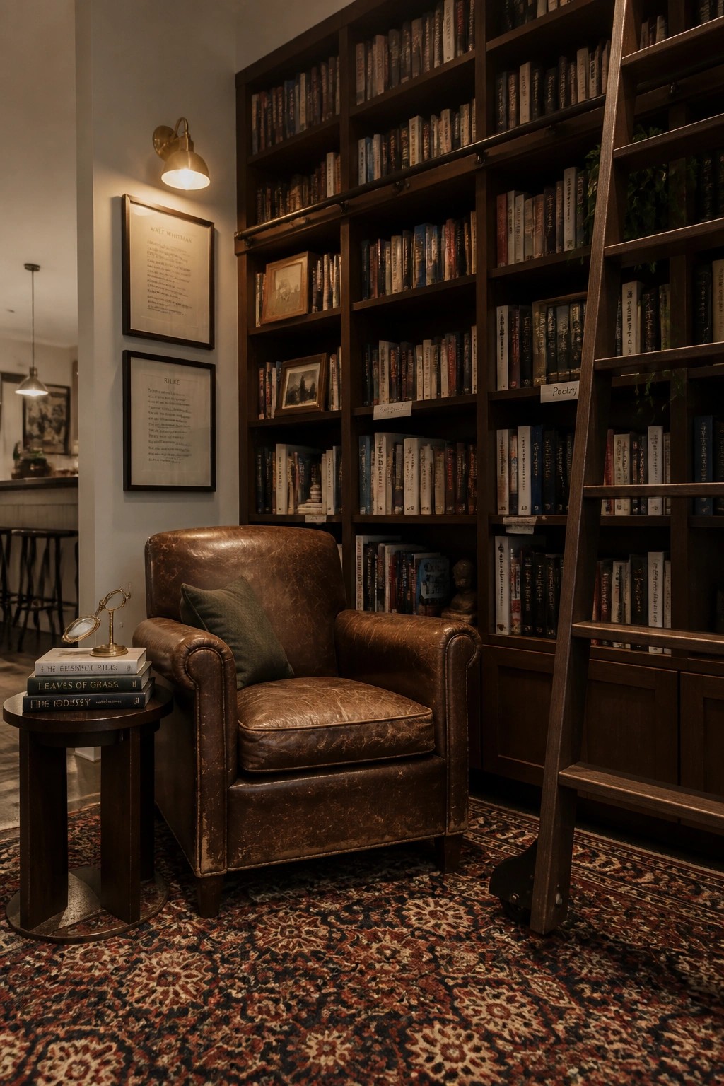 A brown leather armchair with a green pillow sits in front of dark wooden built-in bookshelves filled with books, next to a rolling ladder on a patterned rug.
