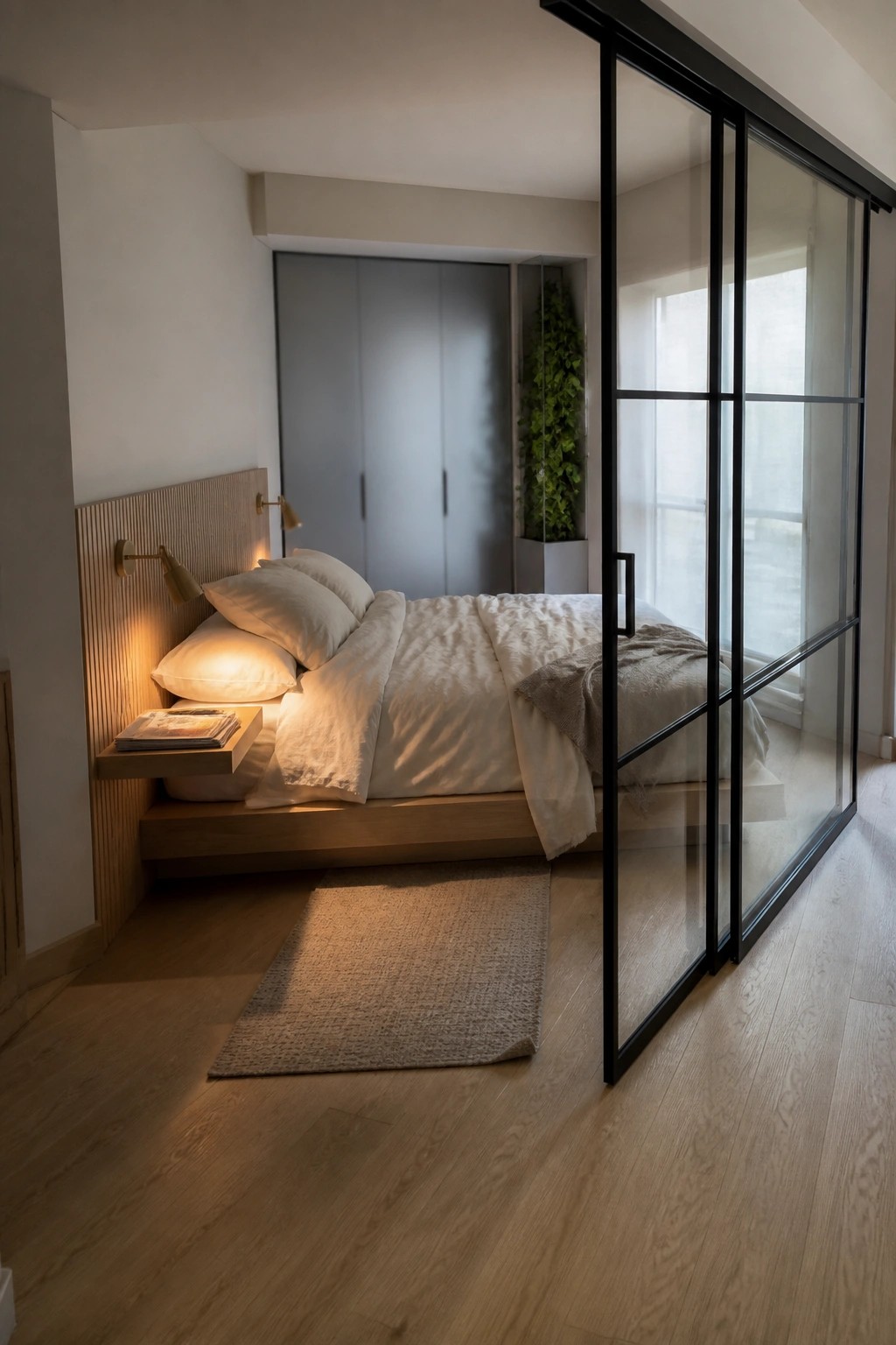 A modern bedroom with a low wooden platform bed, built-in headboard with integrated sconces and floating shelf, white bedding, and glass sliding doors on the right side.