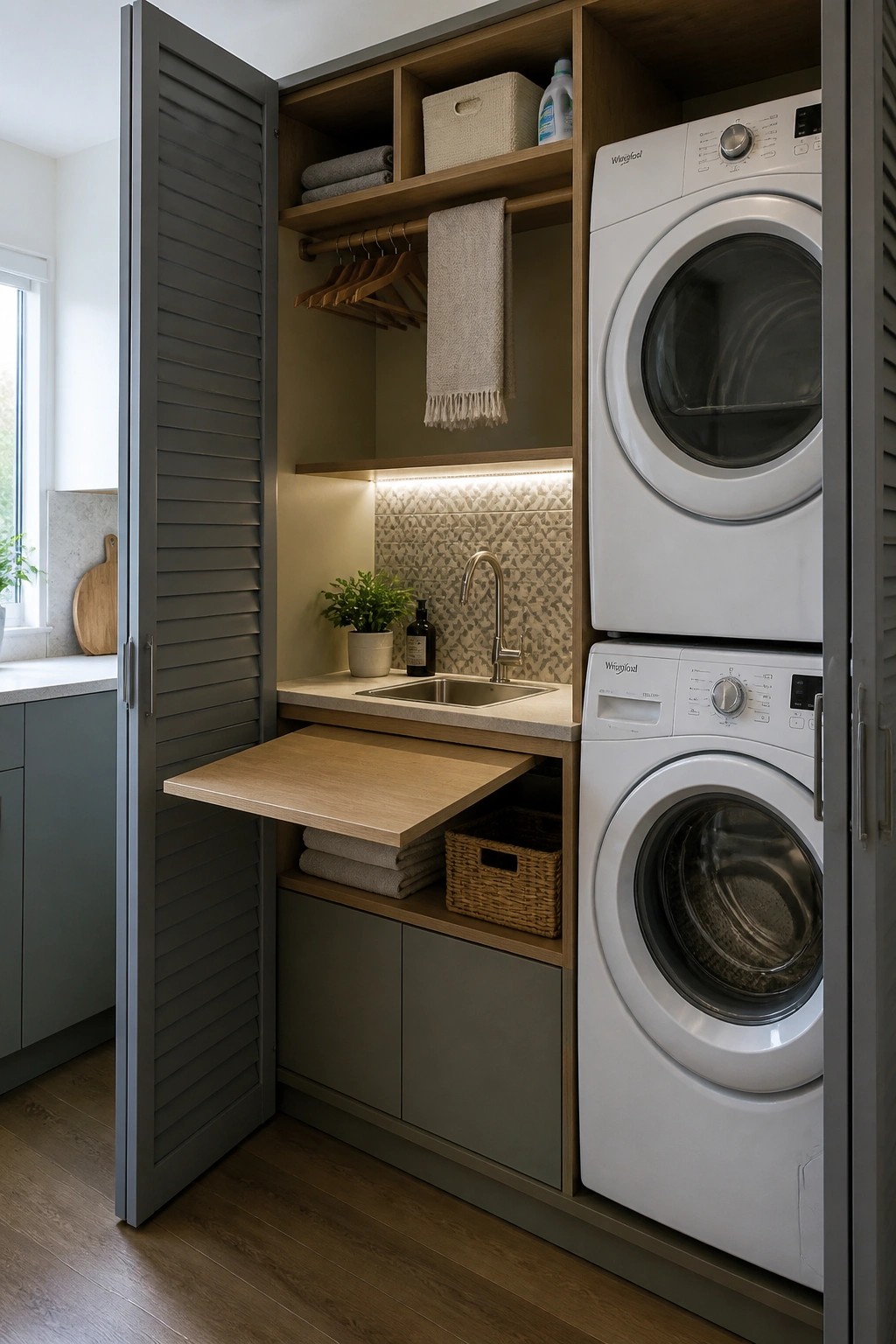 An open built-in laundry cabinet with stacked white washer and dryer, a sink, fold-down wooden shelf, and organized shelves and hanging space.
