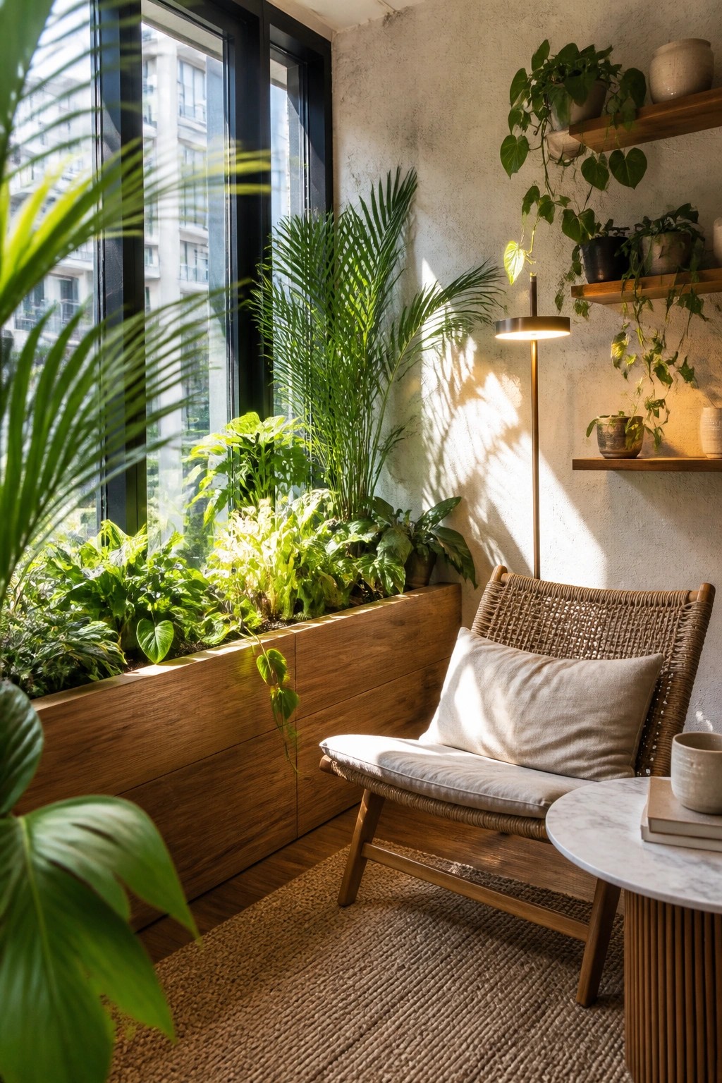 Sunlit corner with woven chair, lush plants, wooden shelves, and marble table