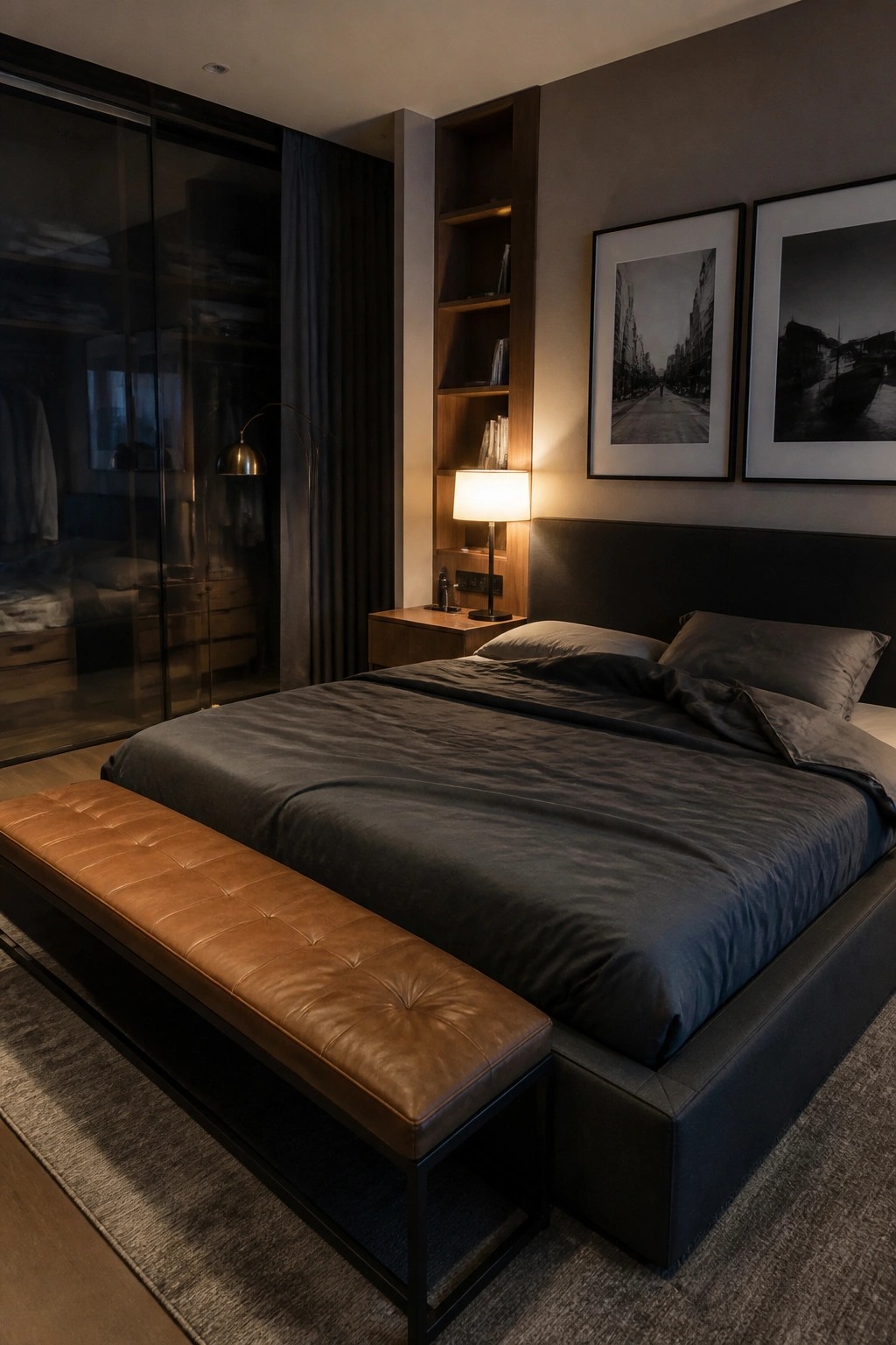 Modern bedroom with dark gray bed, brown leather bench, built-in shelves, and wall art