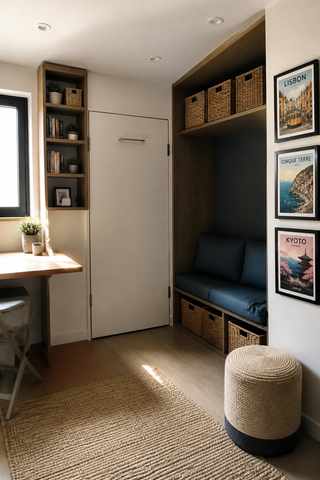 A compact room with built-in wooden shelves holding books and baskets, a white door, a blue cushioned bench with storage baskets below, and travel posters on the wall next to a small desk area.