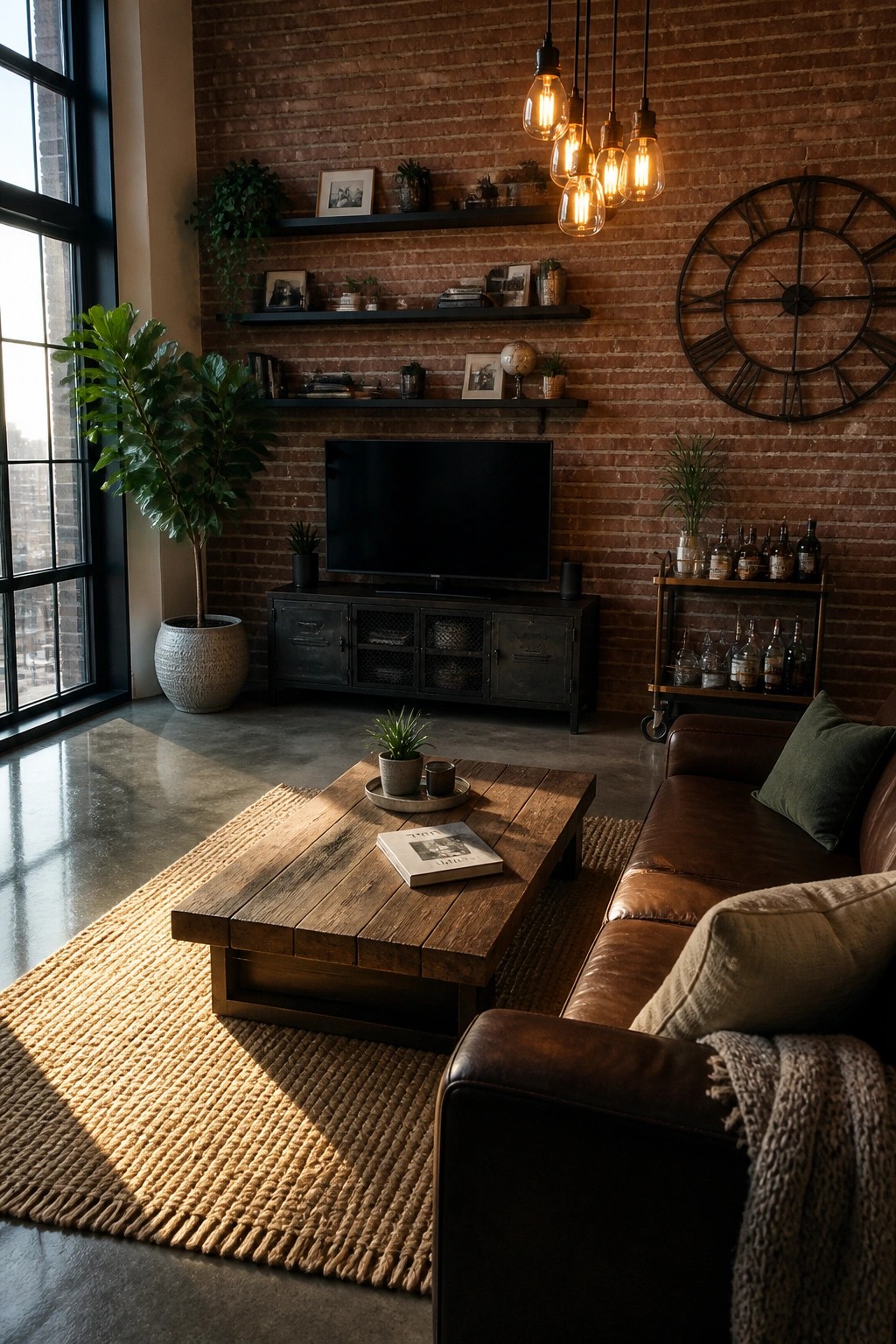 A living room with an exposed brick wall, black TV console, wooden coffee table on a jute rug, brown leather sofa, and multiple hanging pendant lights.