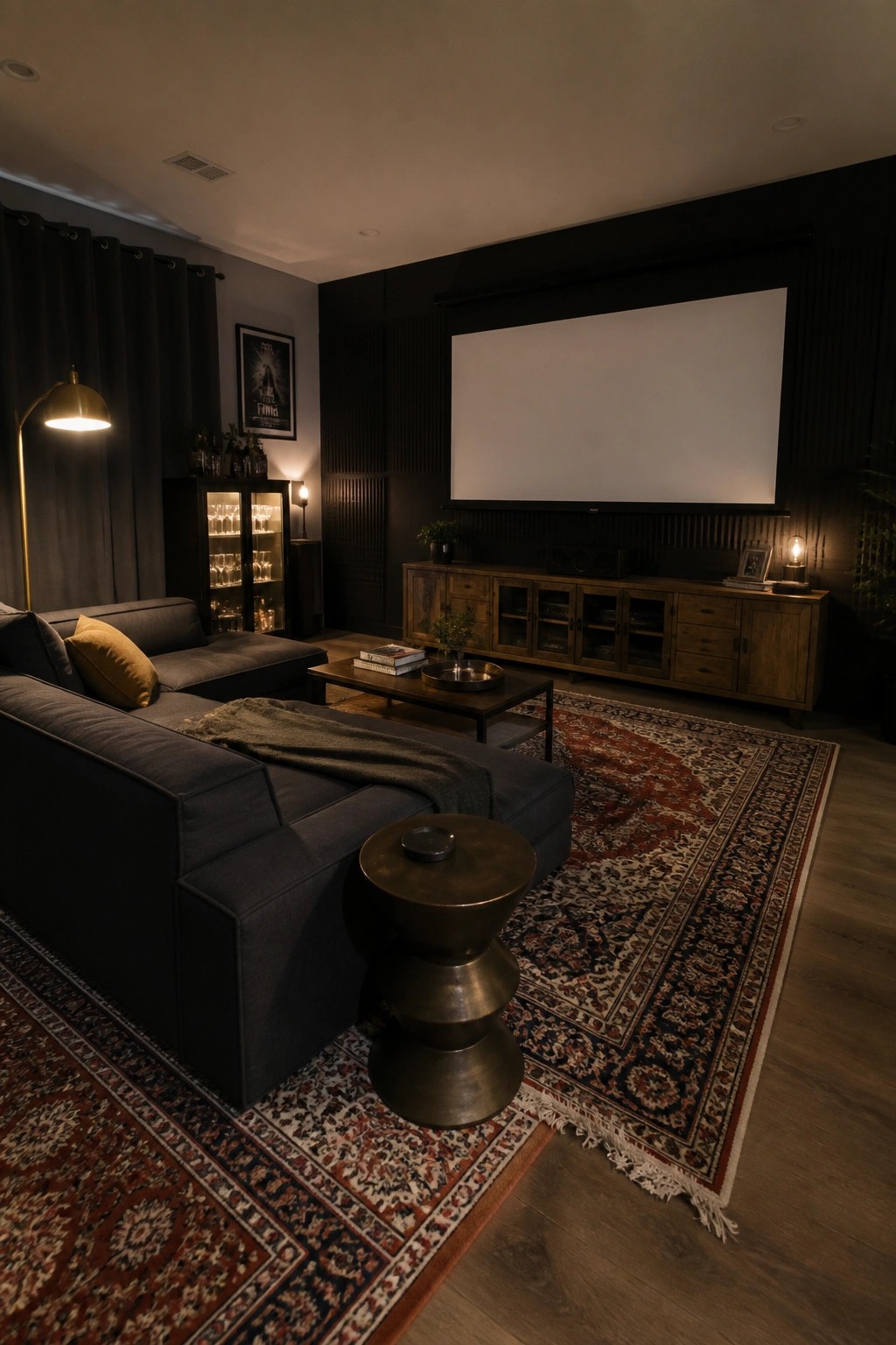 A modern living room featuring a large projection screen on a black accent wall, a dark sectional sofa on layered patterned rugs, and warm lighting from floor lamps.