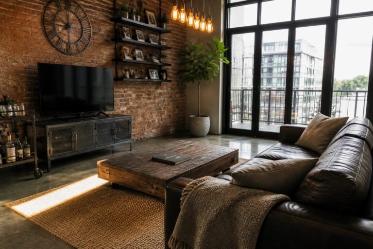 21 Striking Bachelor Pad Ideas for Open-Plan Urban Apartments A living room with an exposed brick wall, black TV console, wooden coffee table on a jute rug, brown leather sofa, and multiple hanging pendant lights.