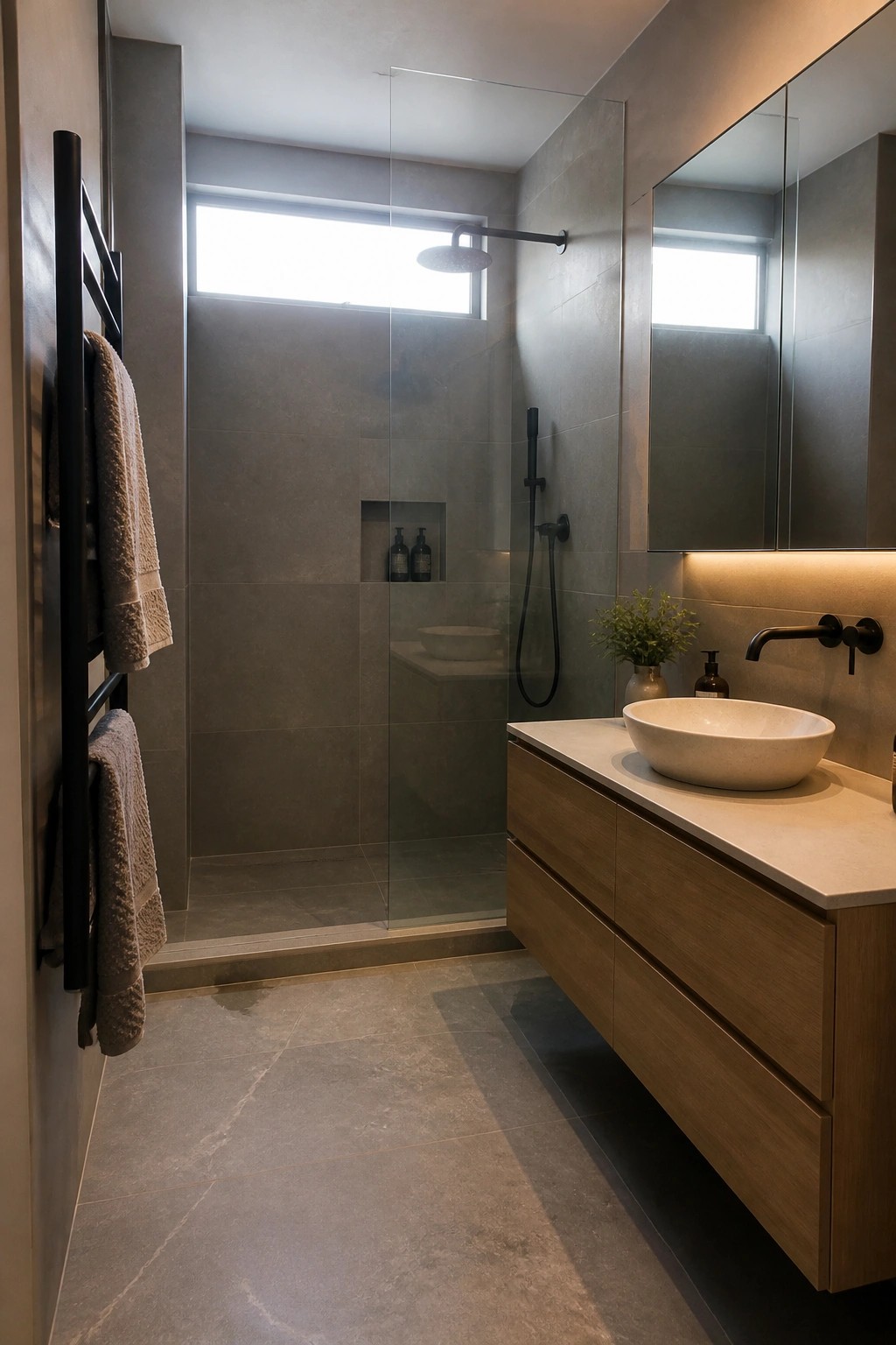 A modern bathroom with grey tiled walls and floor, a floating light wood vanity with white vessel sink and black faucet, and a glass-enclosed shower with black fixtures.