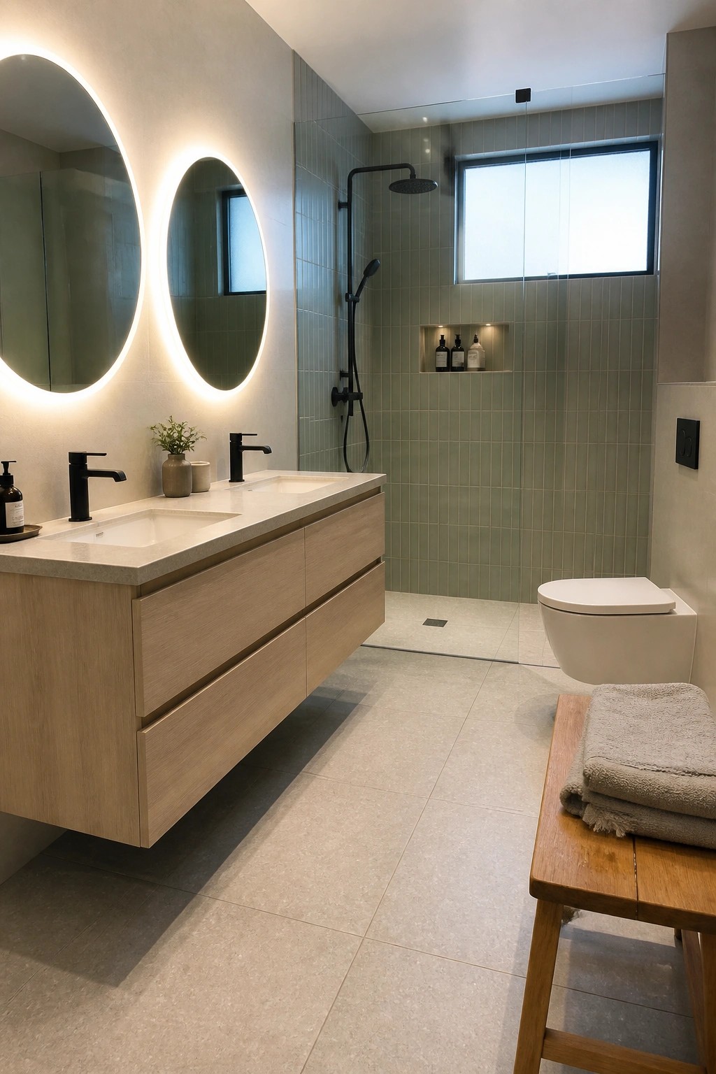 A modern bathroom with a floating light wood double vanity, two black faucets, backlit round mirrors, and a tiled walk-in shower area.