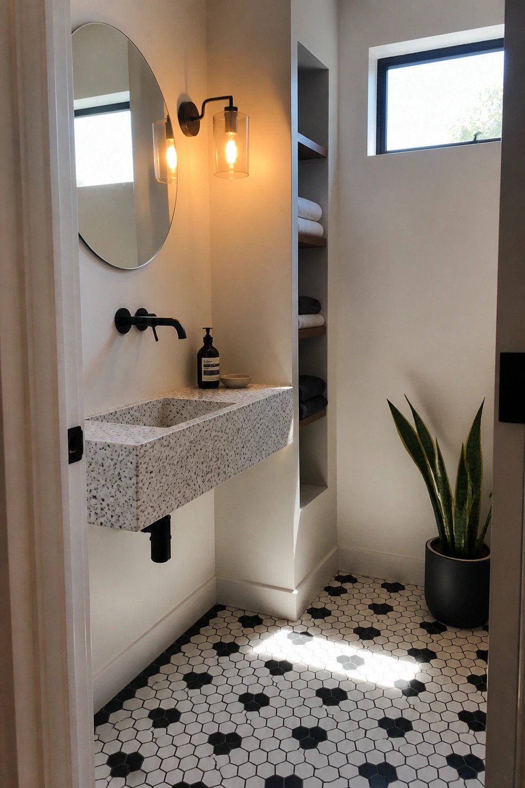 Modern bathroom with floating terrazzo sink, round mirror, and hexagonal tile floor.