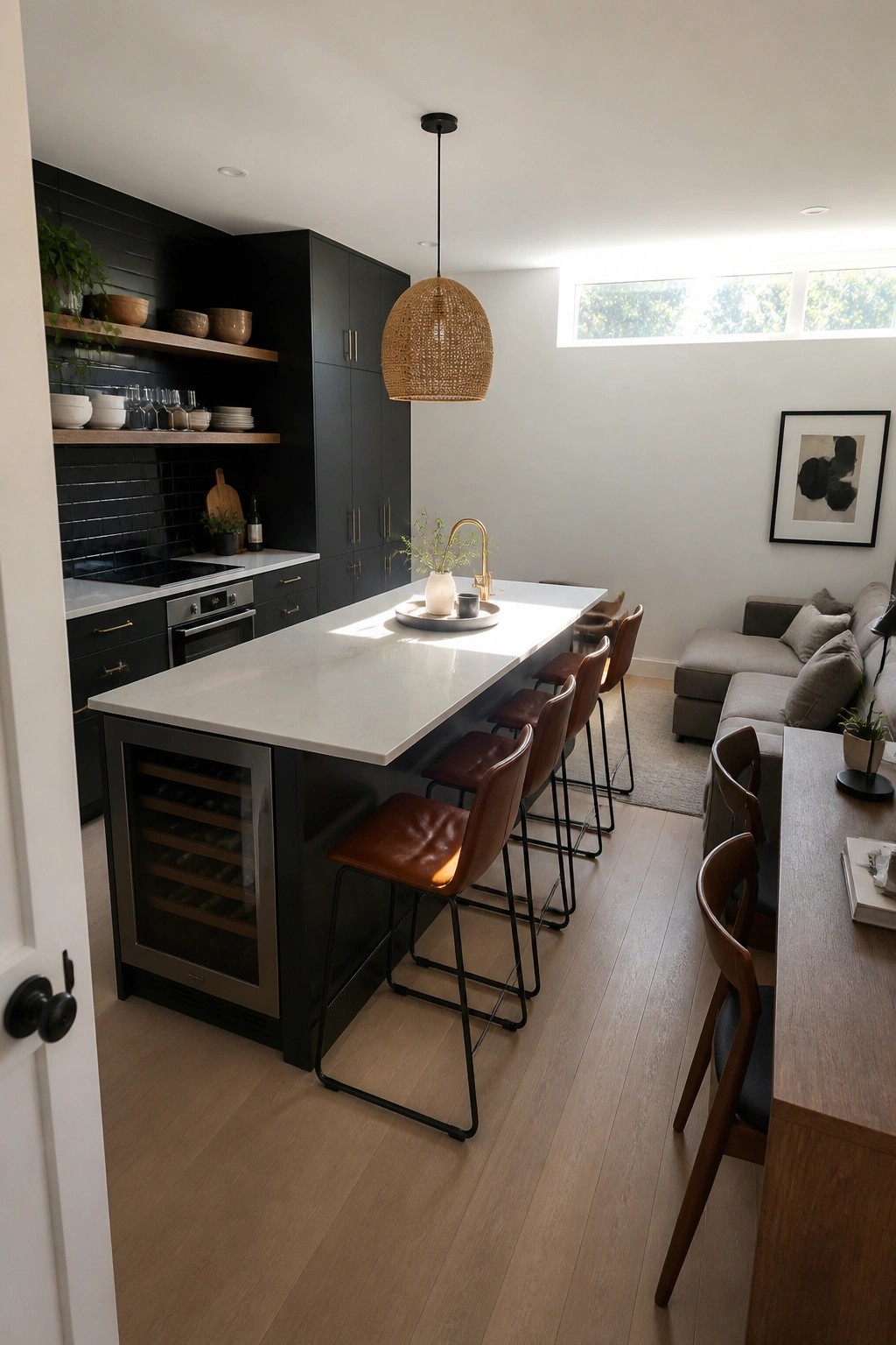 A modern kitchen with a long white island, black cabinetry, brown leather bar stools, and an open living area with a gray sofa visible in the background.
