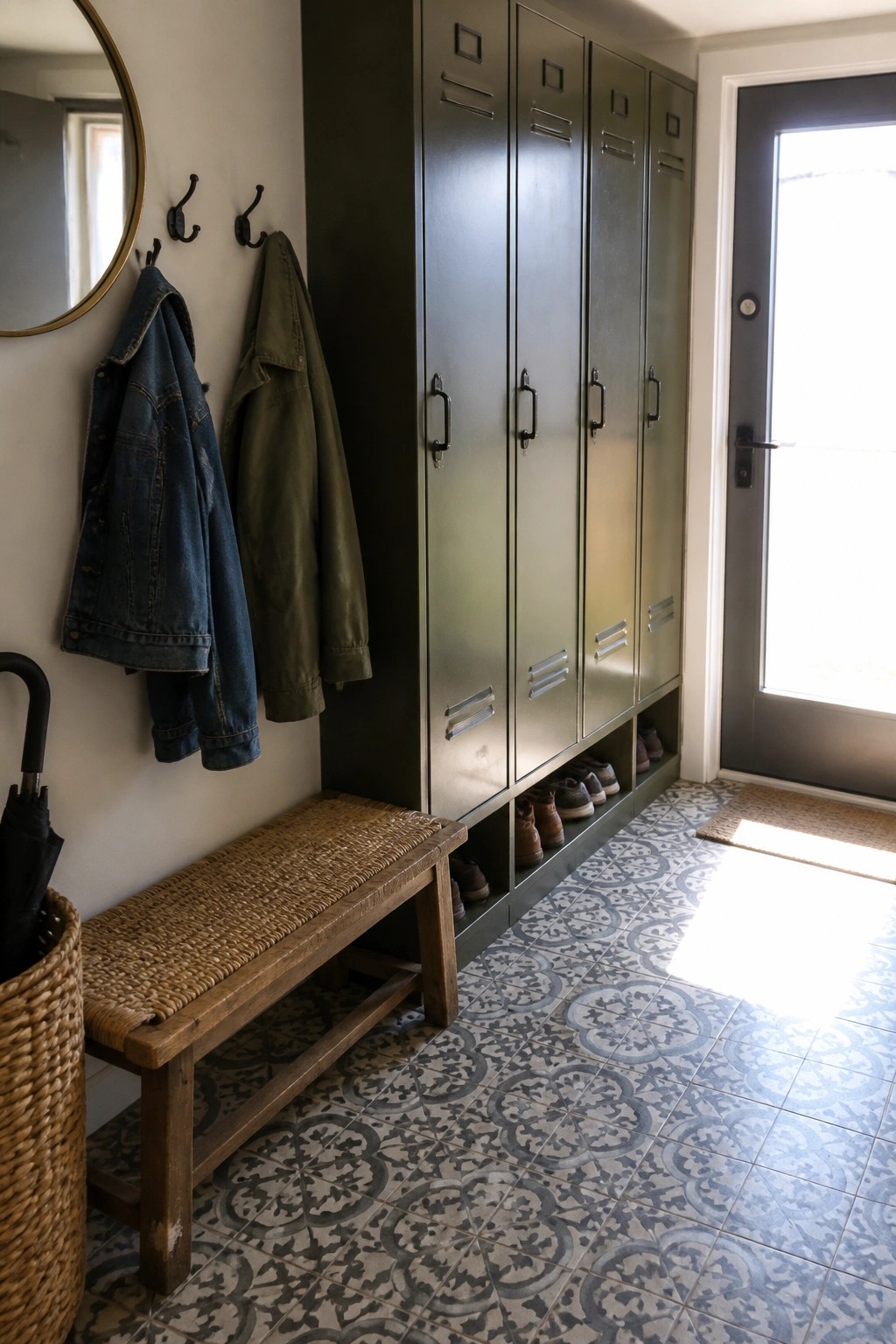 A narrow entryway featuring a row of dark metal lockers with shoes stored below, a wooden bench, wall hooks holding jackets, and patterned tile flooring near a door.