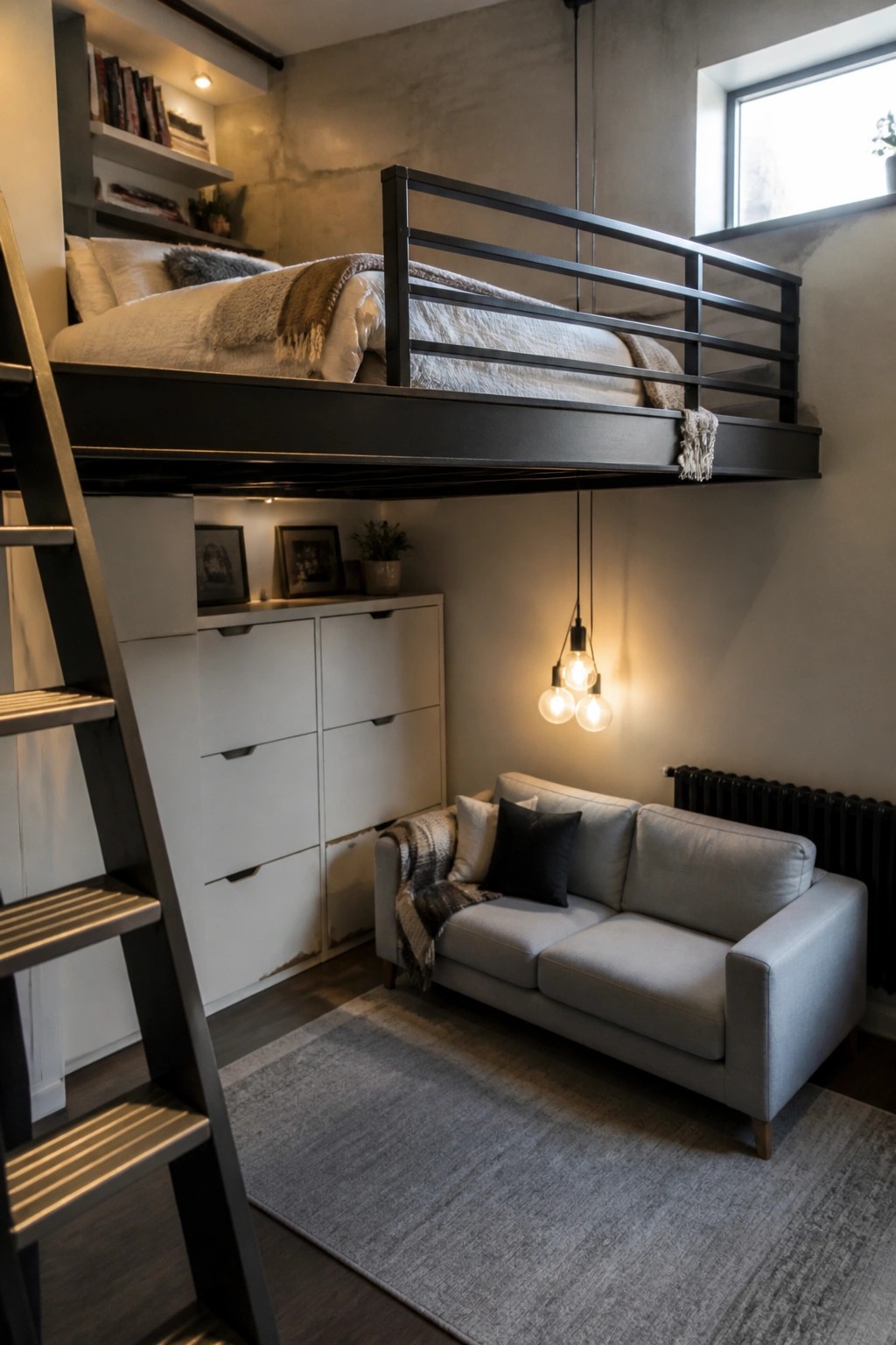 Modern loft with black metal loft bed above gray sofa, ladder, and pendant lights.