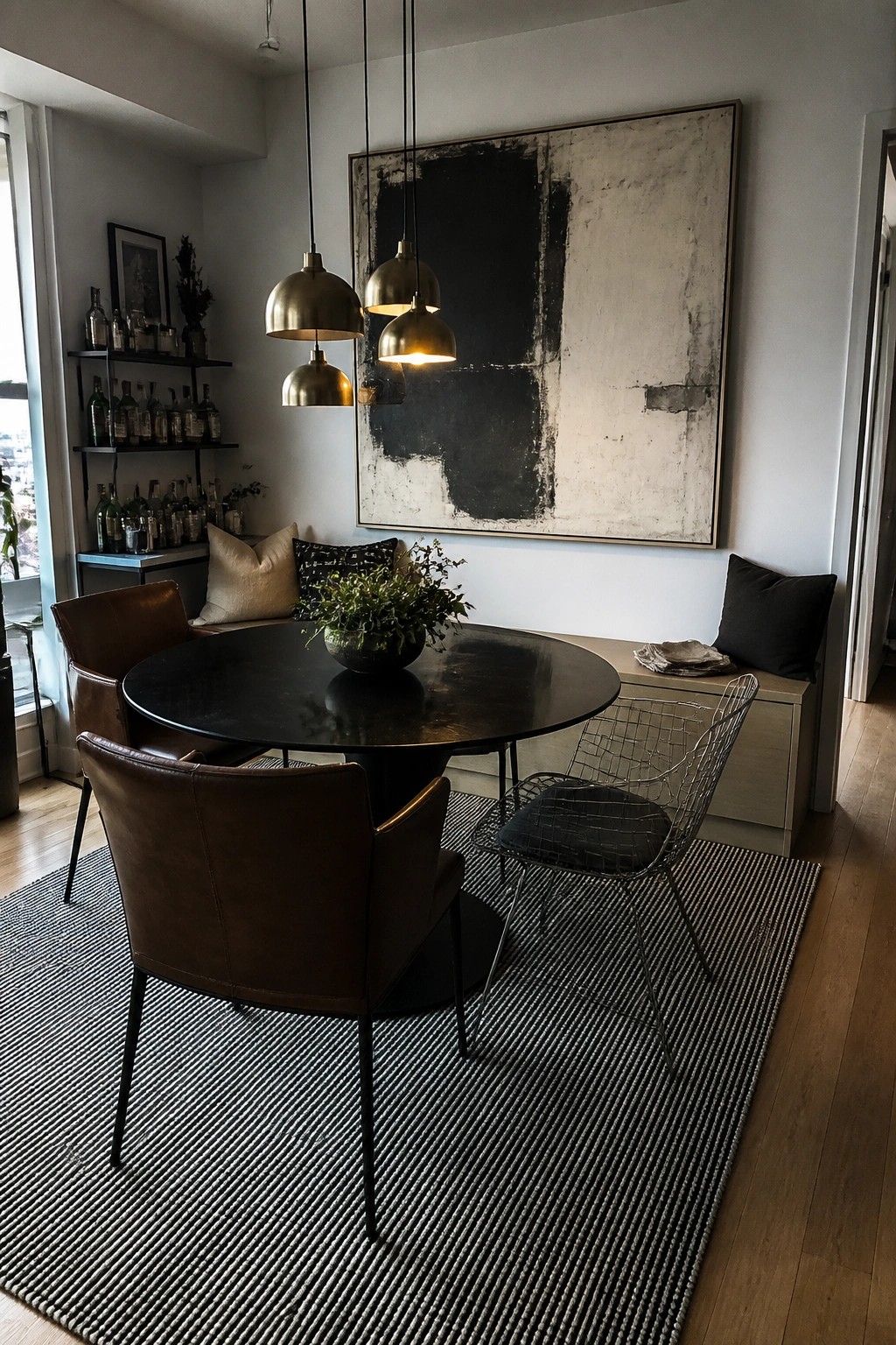 A round black dining table with mixed seating including brown leather chairs and a wire chair sits on a striped rug beneath three brass pendant lights, with a large abstract painting above a built-in bench.
