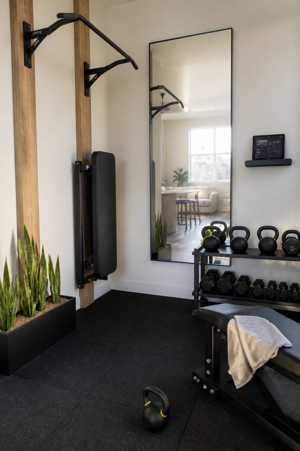 Interior view of a compact home gym with black wall-mounted pull-up bars, a padded backrest panel, a full-length mirror, weight racks holding dumbbells and kettlebells, and a weight bench on dark flooring.