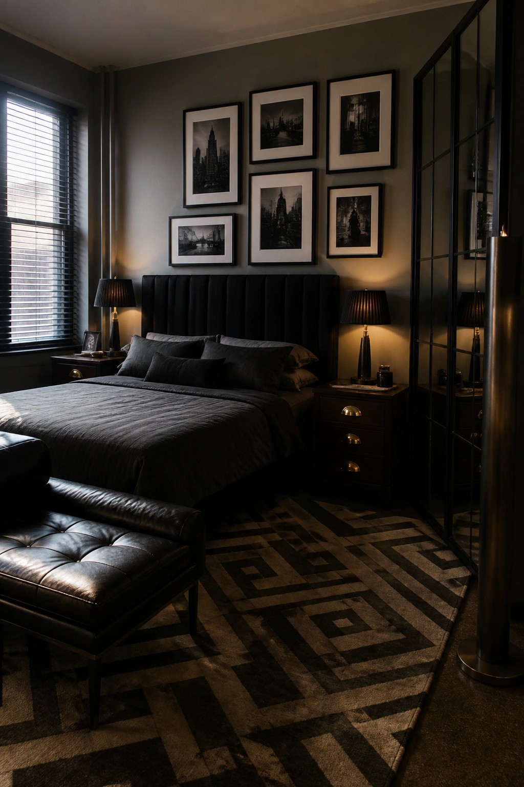A dimly lit bedroom featuring a large black upholstered headboard, dark gray bedding, black nightstands with lamps, a black leather bench, and a geometric patterned rug.