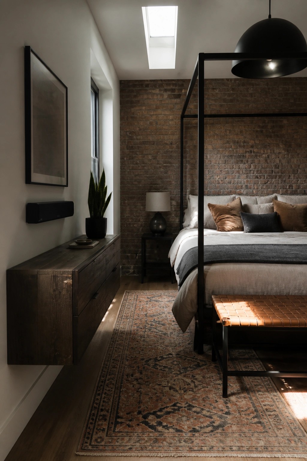 A bedroom with a black metal canopy bed against a brick wall, a floating dark wood dresser on the left, and a patterned rug on the floor.