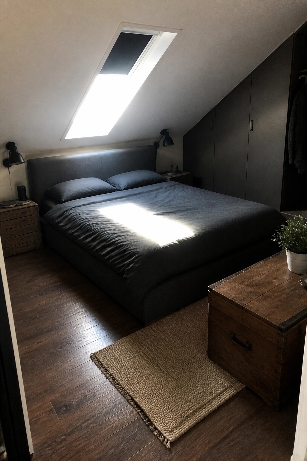 A bedroom with a large dark gray bed and matching bedding under a skylight, dark wardrobes along one wall, and wooden nightstands and a chest.