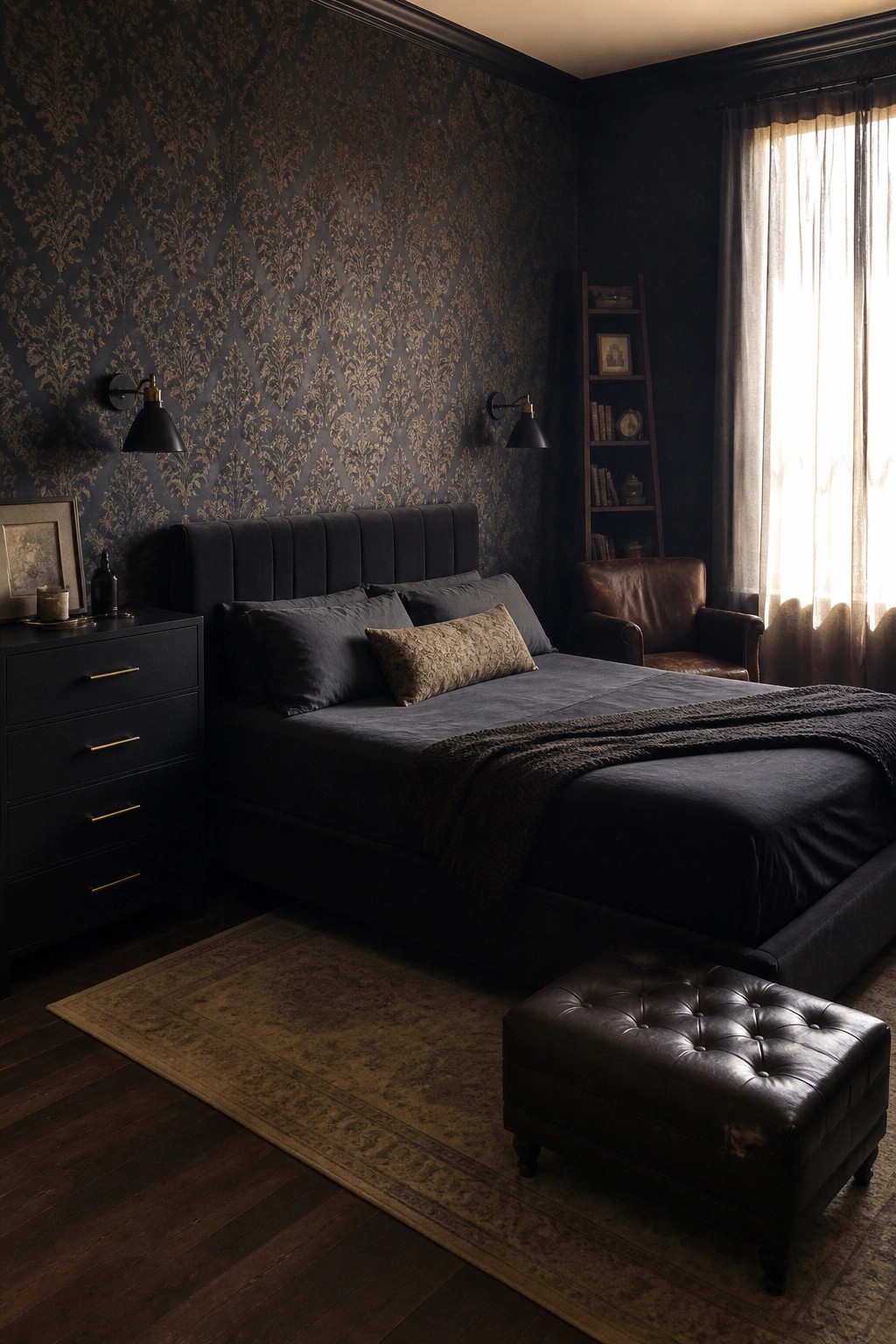 A bedroom featuring dark blue patterned wallpaper, a large upholstered bed with dark bedding and pillows, black wall sconces, a leather ottoman, a nightstand, and a window with sheer curtains.