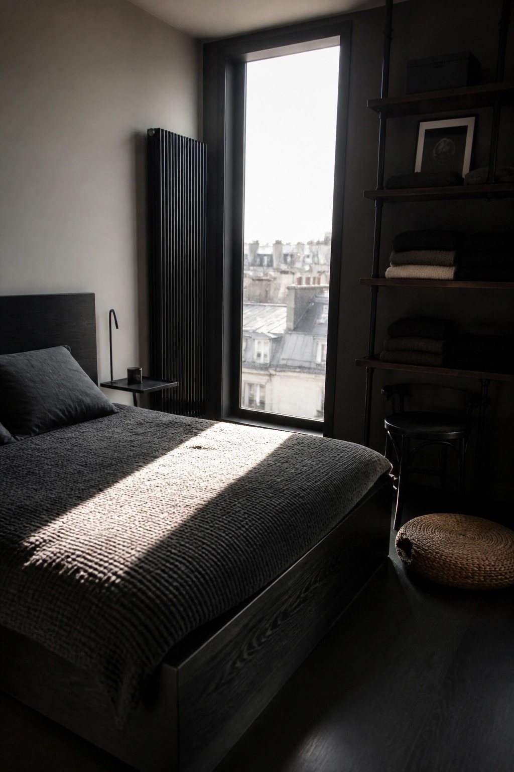 A bedroom with a dark wood bed, dark gray bedding, black walls, a tall window showing rooftops, and dark open shelving on the right.