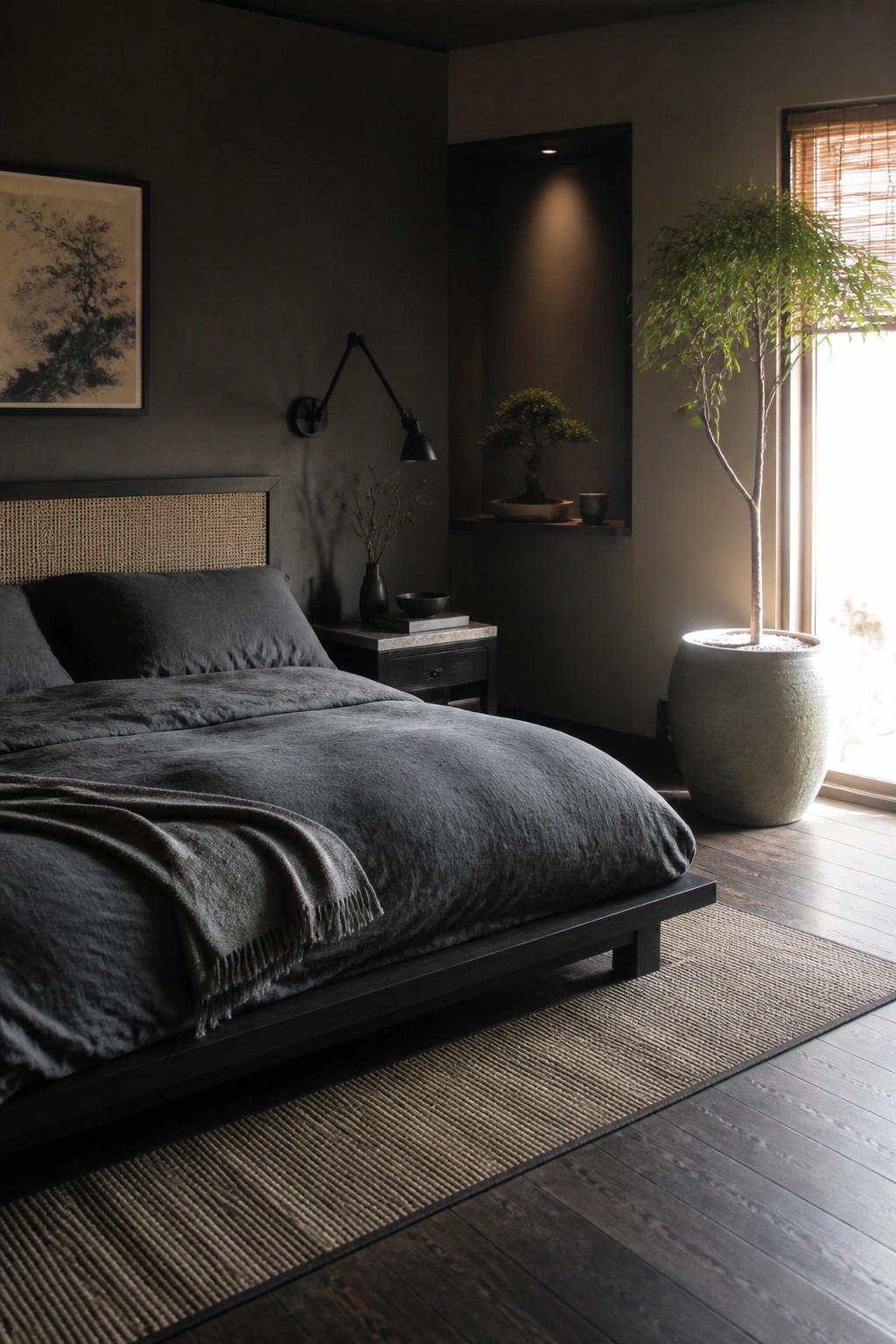 A bedroom with a dark wood platform bed, woven headboard, dark gray linens, and a large potted tree beside a window.