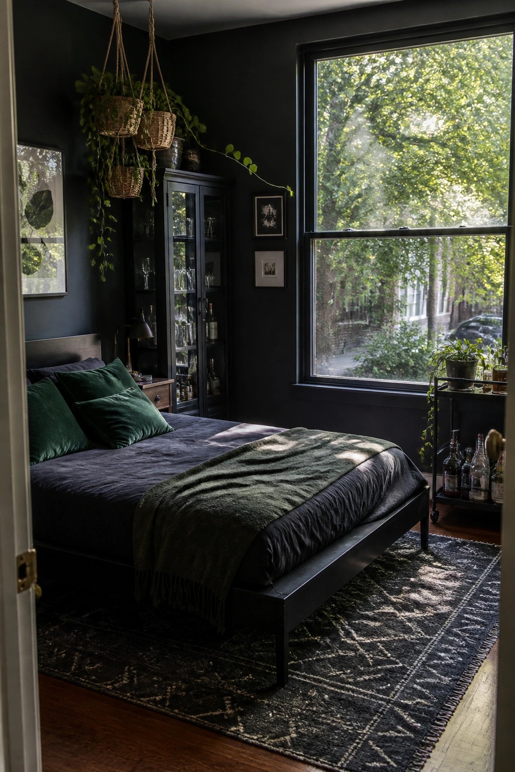 Dark bedroom with green velvet pillows, hanging plants, large window, and patterned rug.