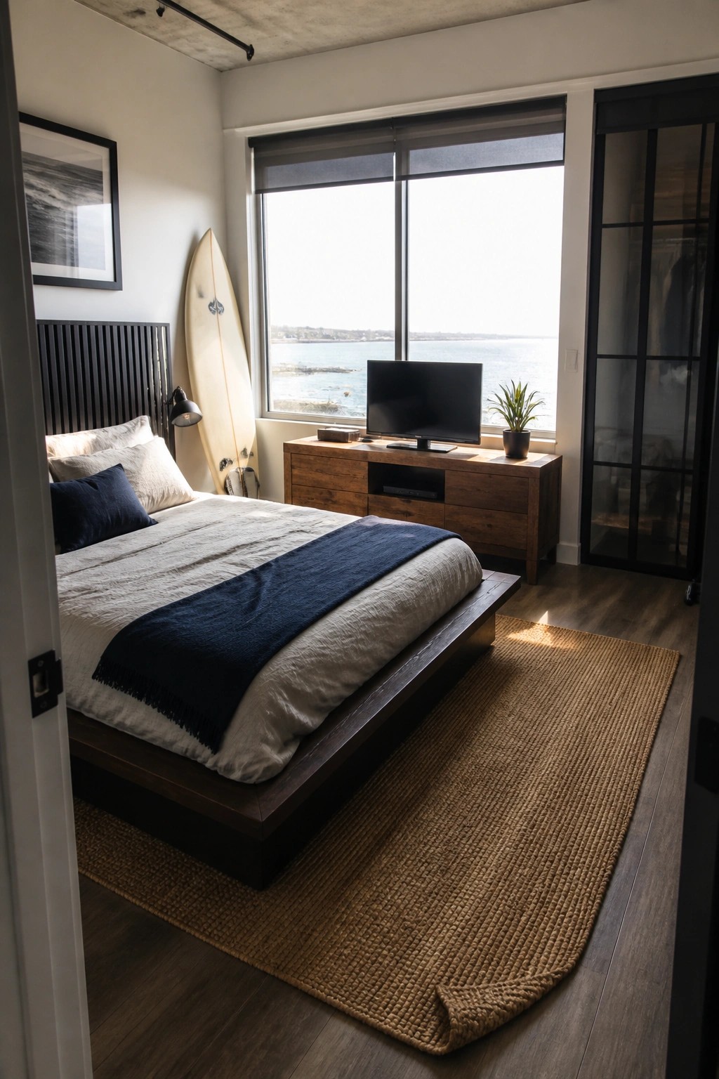 A bedroom featuring a dark wood platform bed with white and navy bedding, positioned near large windows with an ocean view.