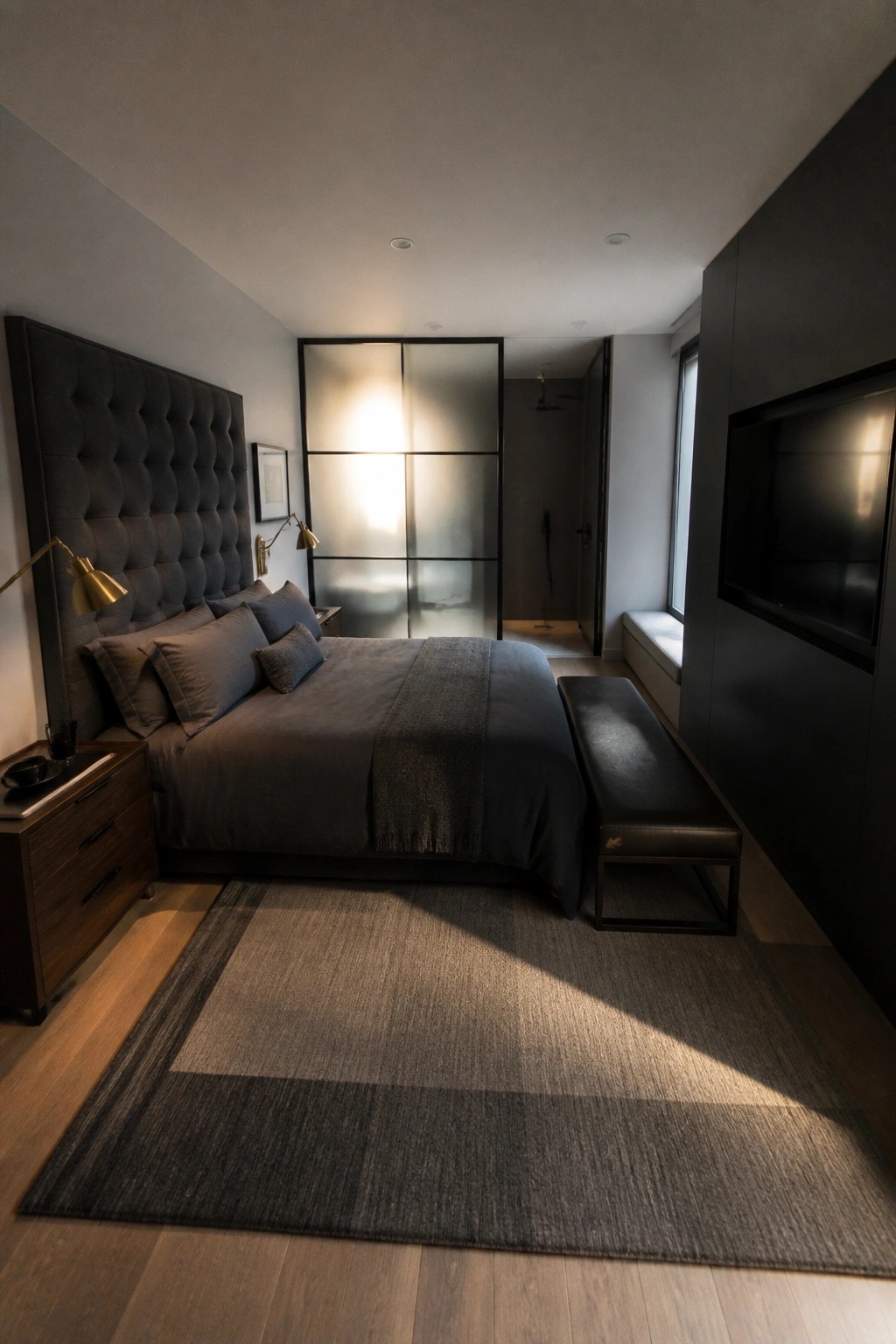 Modern bedroom with tufted gray bed, leather bench, rug, and open bathroom view