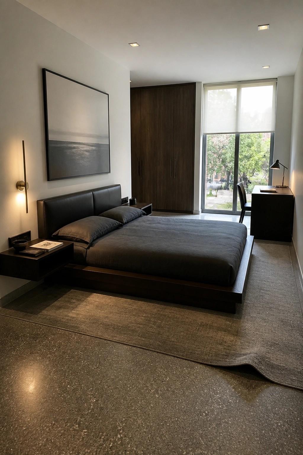 A modern bedroom with a dark wood platform bed, matching floating nightstands, a tall dark wood wardrobe, and a large abstract artwork above the bed.