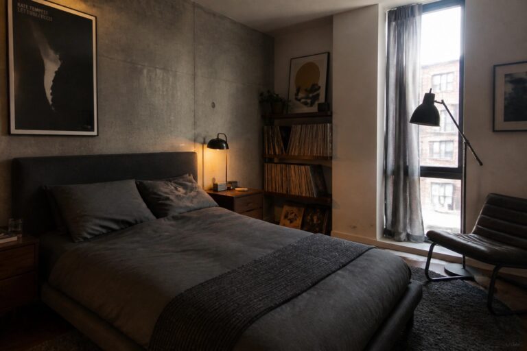 21 Stylish Bachelor Pad Bedrooms With Dark Contemporary Furniture A bedroom with a dark platform bed, floating shelves holding vinyl records and a turntable, a brown leather chair near a window, and a concrete wall with framed art.