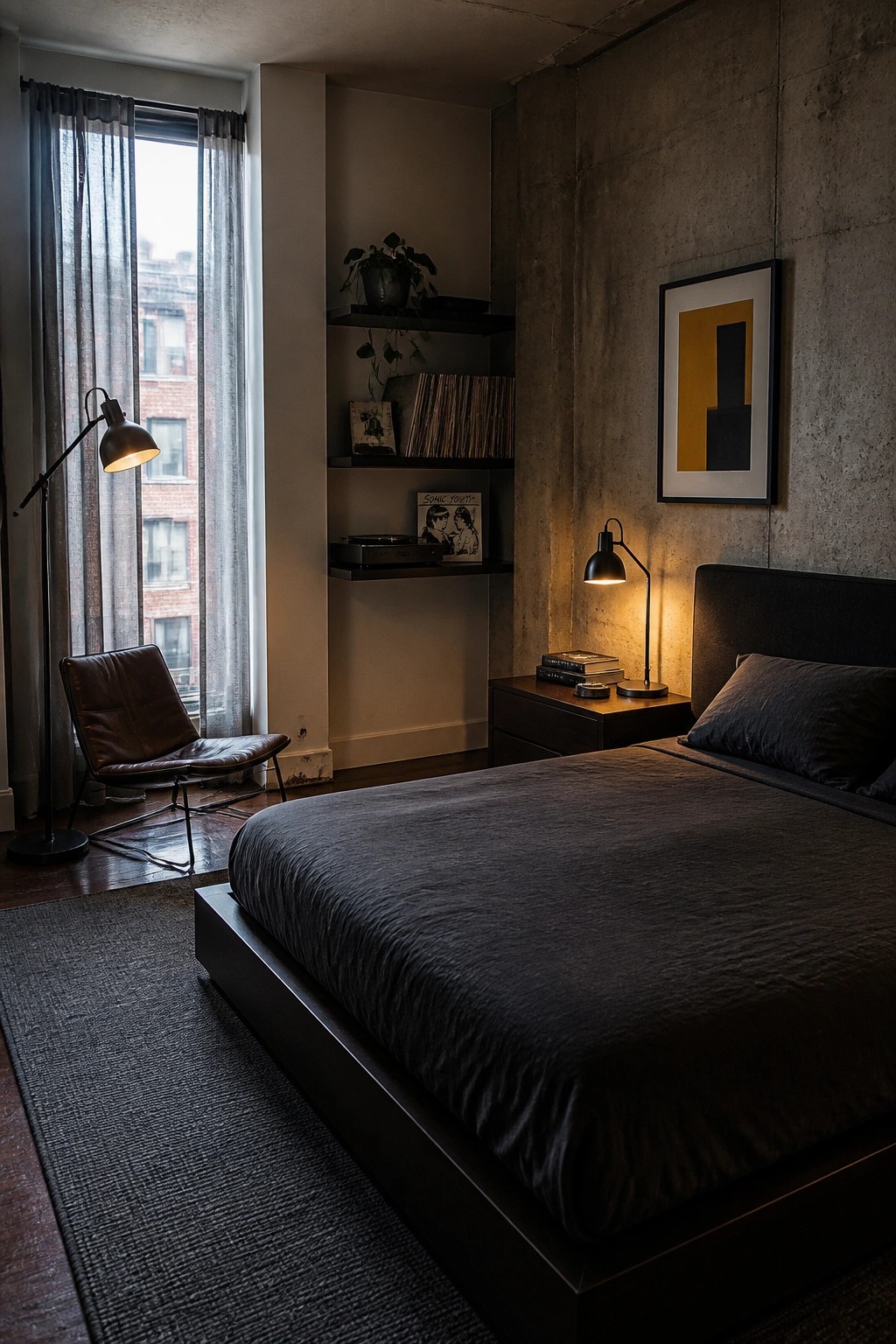 A bedroom with a dark platform bed, floating shelves holding vinyl records and a turntable, a brown leather chair near a window, and a concrete wall with framed art.