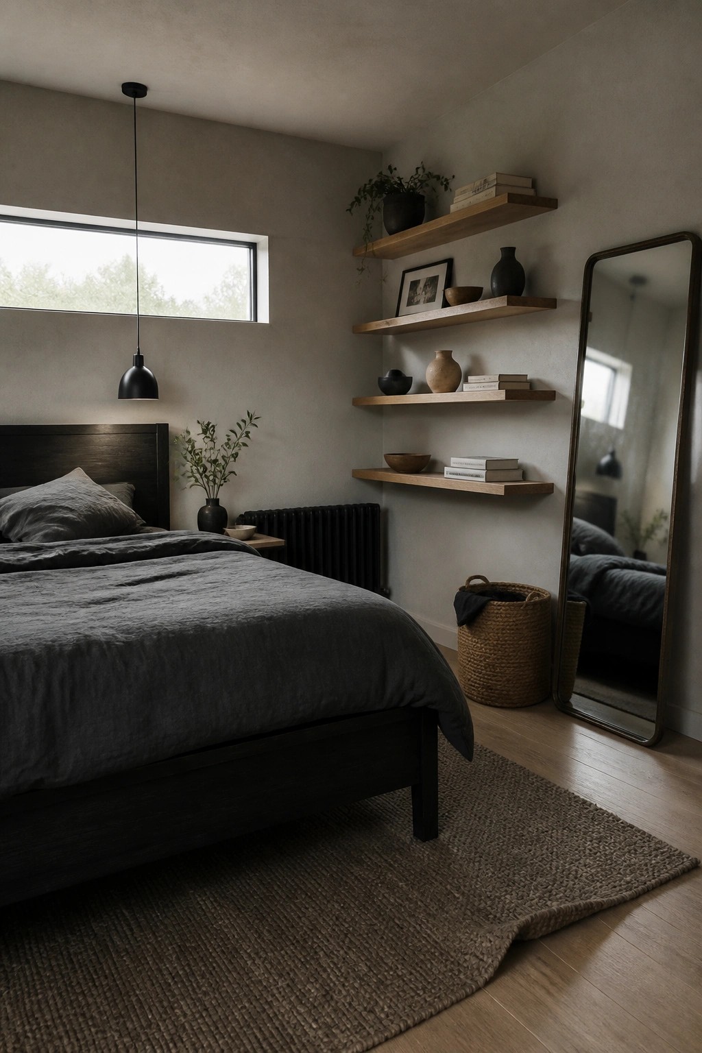 Minimalist bedroom with dark gray bedding, floating wooden shelves, mirror, and jute rug.