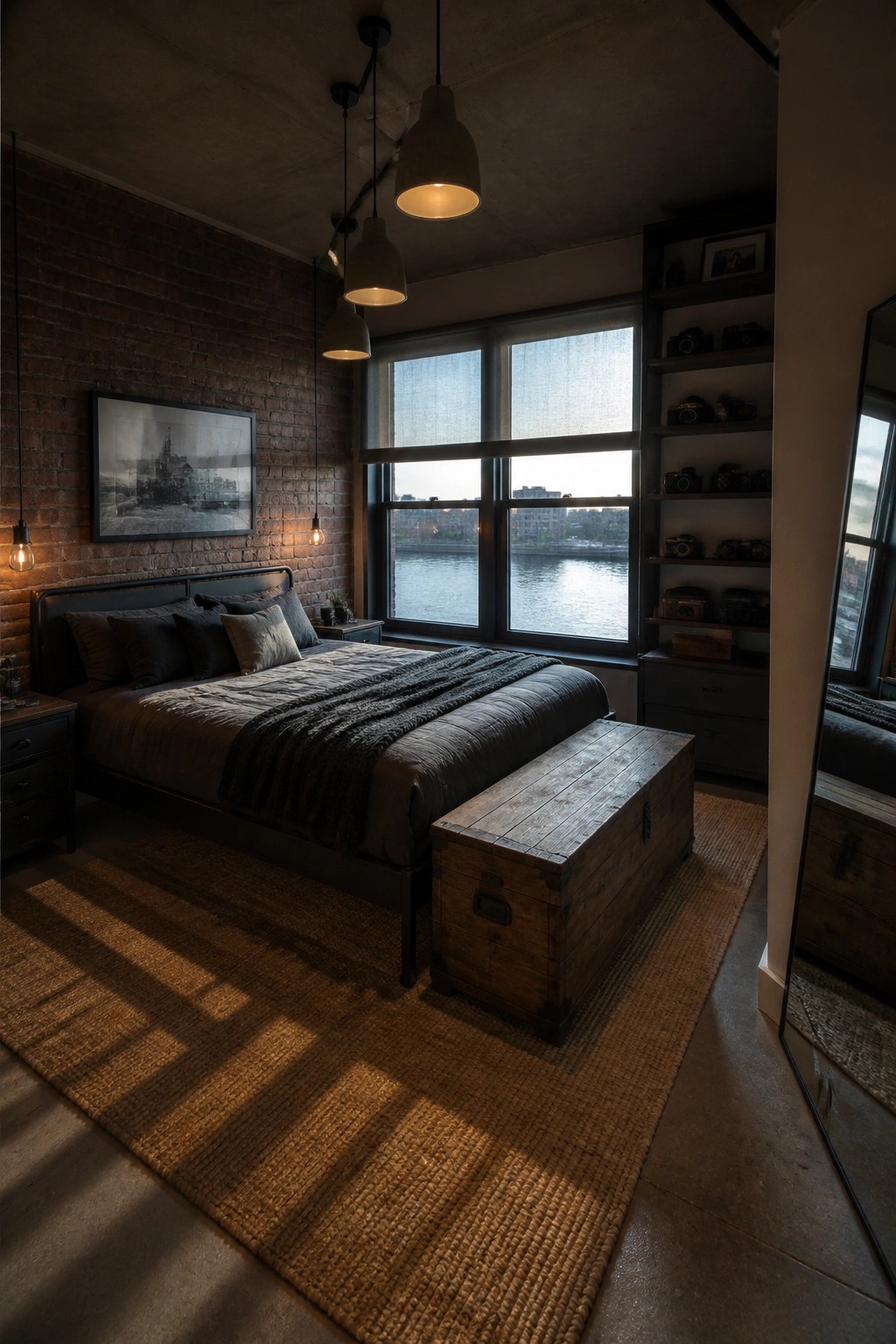 A bedroom with a dark bed and gray bedding against a red brick wall, a wooden trunk at the foot of the bed, and large windows overlooking water.