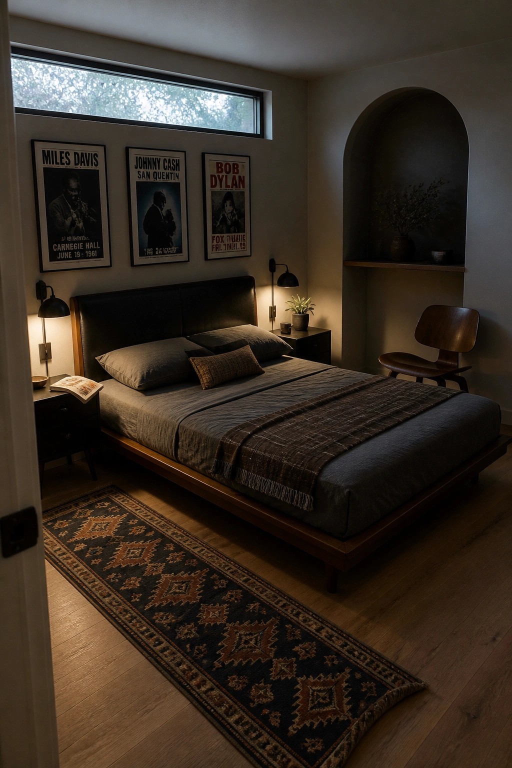A bedroom with a dark upholstered platform bed, three framed music posters above the headboard, wall sconces, a patterned rug, and a wooden chair in the corner.