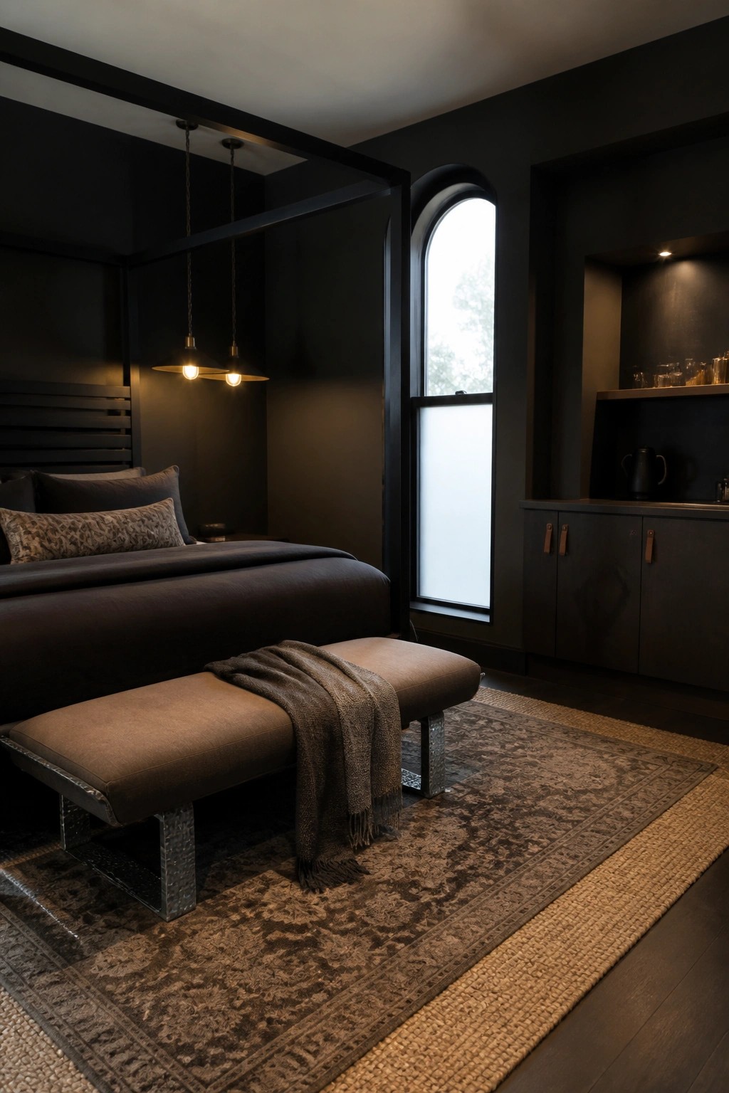 A dark bedroom with black walls, a large bed with dark bedding, two upholstered benches, a patterned rug, and an arched window.