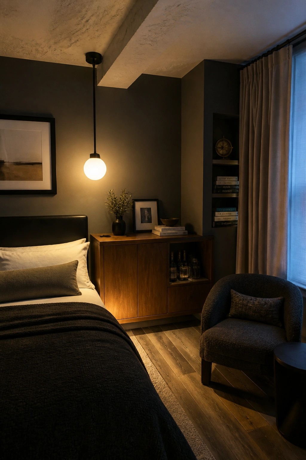 Modern bedroom with bed, wooden cabinet, armchair, pendant light, and built-in shelves.