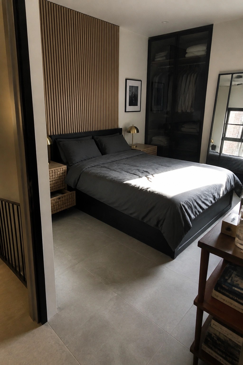 A bedroom with a dark bed against a vertical wood slat wall, dark gray bedding, black wardrobe with glass doors, and woven nightstands.