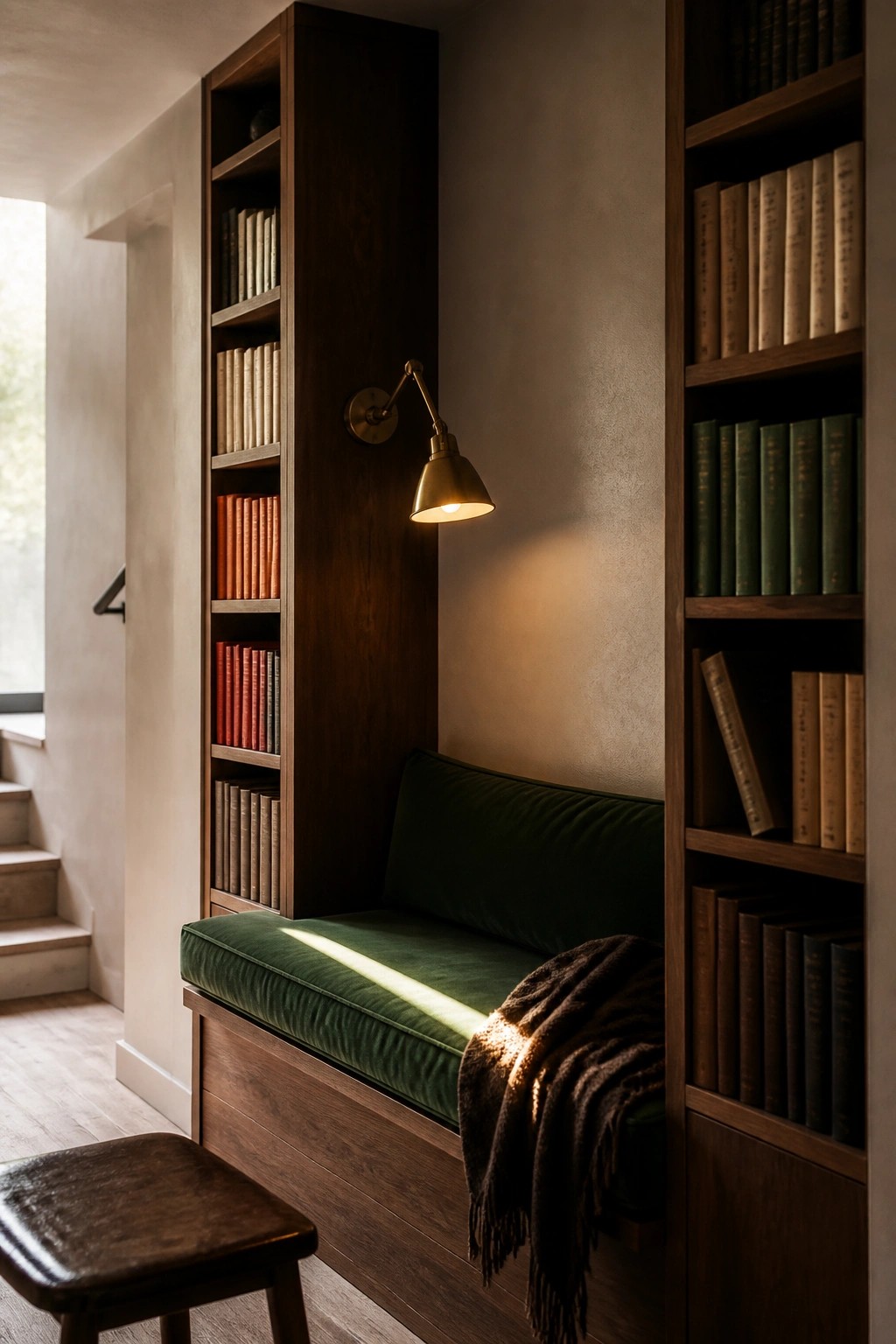 Dark wood bookshelves surround green velvet bench under brass wall lamp.