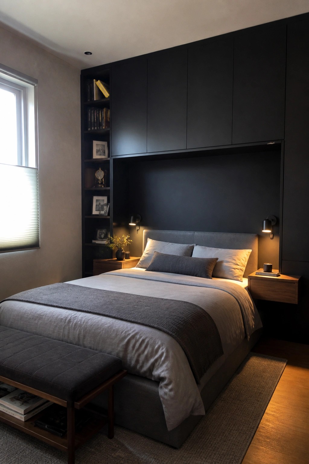 A bedroom with a gray upholstered bed centered beneath tall dark built-in cabinets, with open shelves holding books on the left side and wall sconces on either side of the headboard.