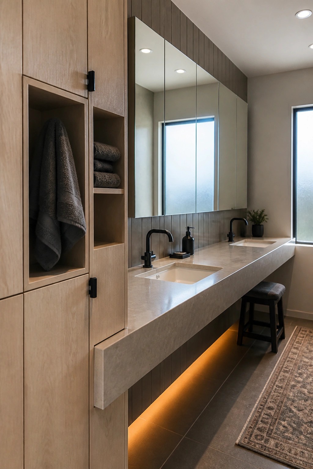 Modern bathroom vanity with dual sinks, wood cabinets, gray towels, and warm underlighting