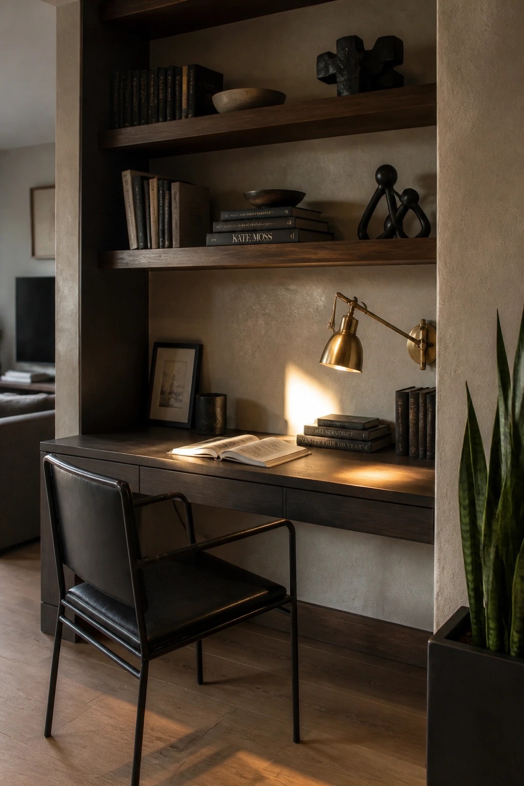 A recessed dark wood built-in desk with two floating shelves above, an open book on the desk surface, a brass wall lamp, and a black leather chair pulled up to it.